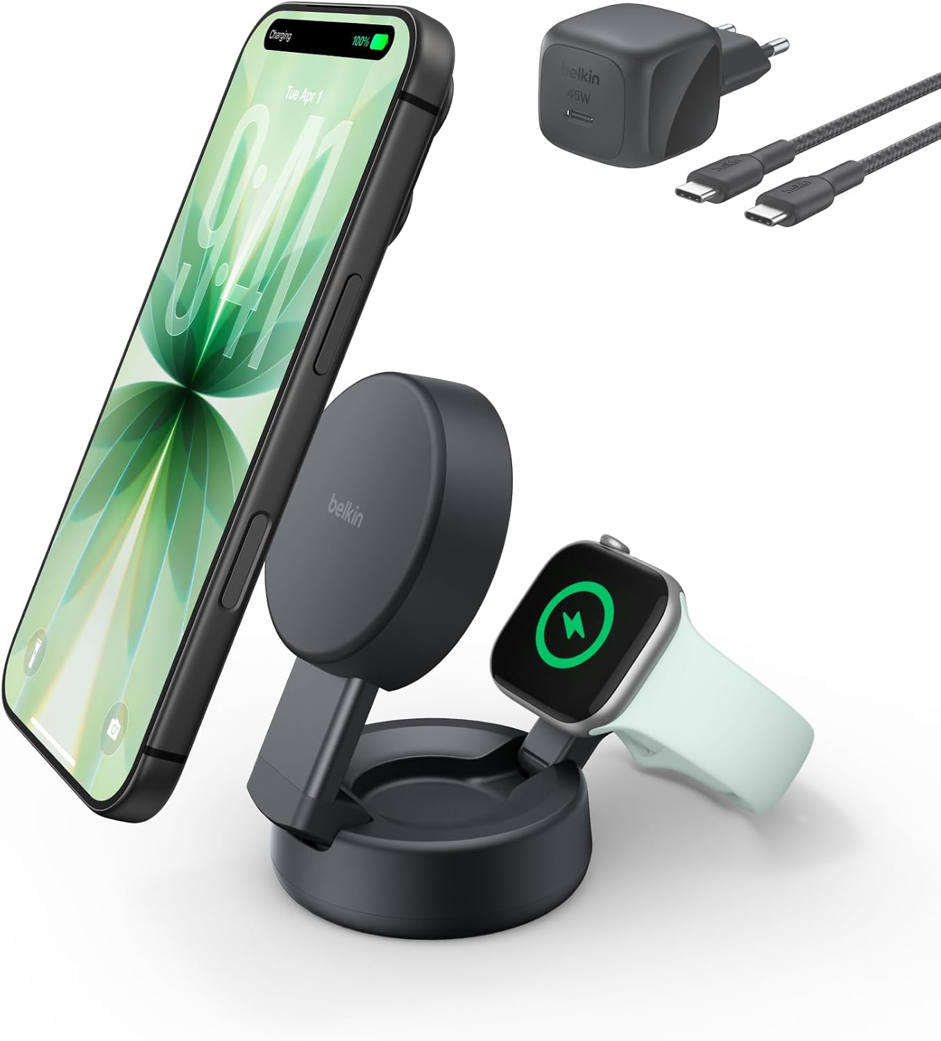 Detalle de Belkin UltraCharge Pro Caricatore Wireless Magnetico 2 in 1 MagSafe Qi2.2 25W con Alimentatore da 45W – Nero