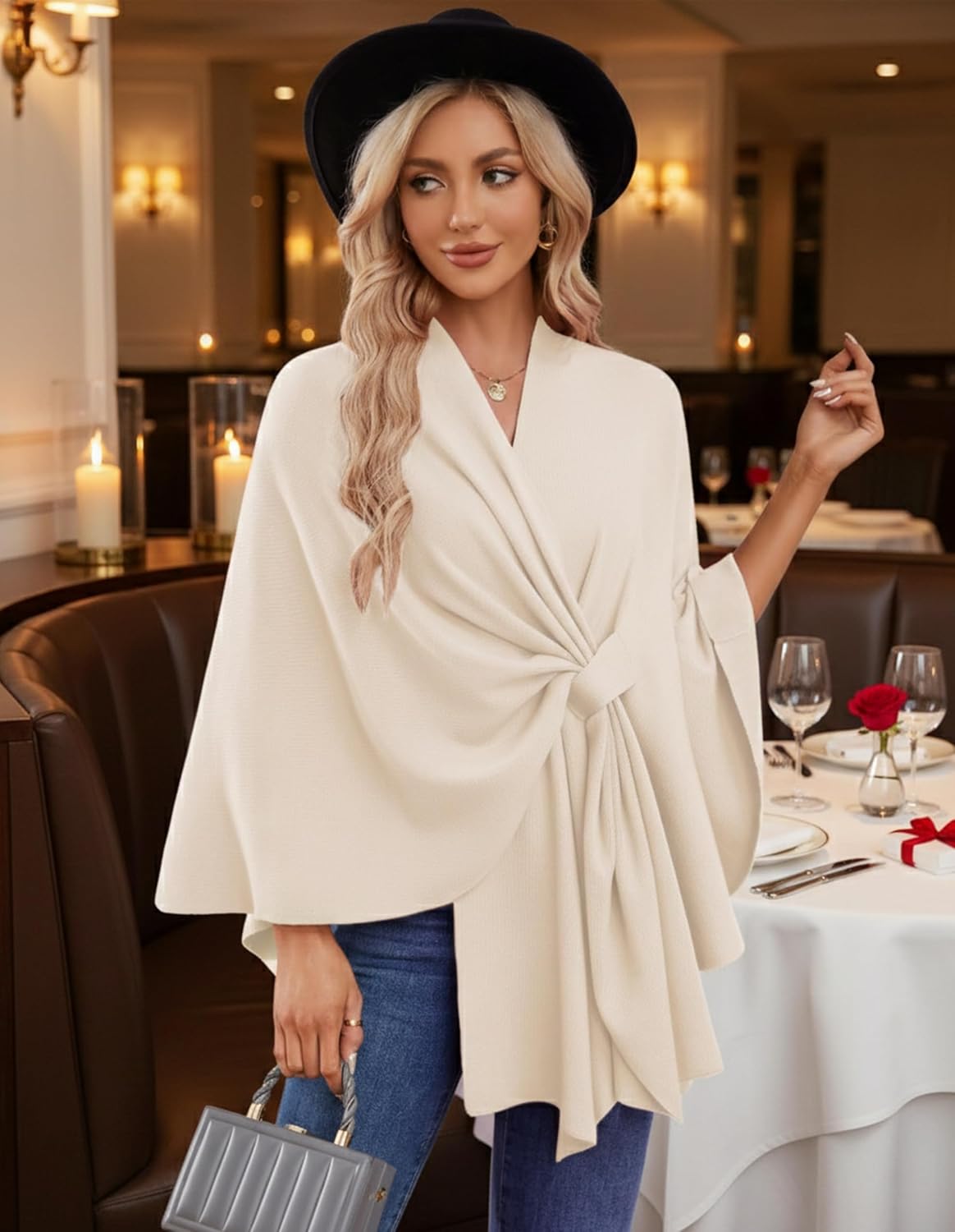 Detalle 2 de PULI Women’s Elegant Shawl Wrap Poncho Sweater (Soft Open Front, One Size)