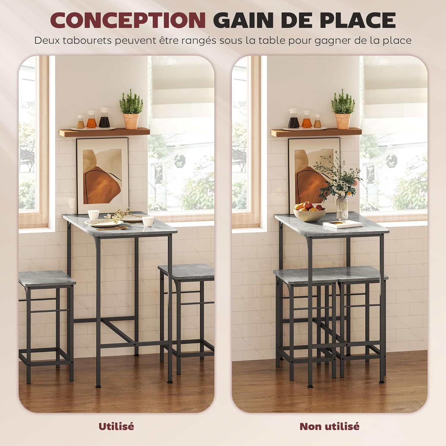 Thumbnail 3 de HOMCOM Table de Bar 2 tabourets Gris