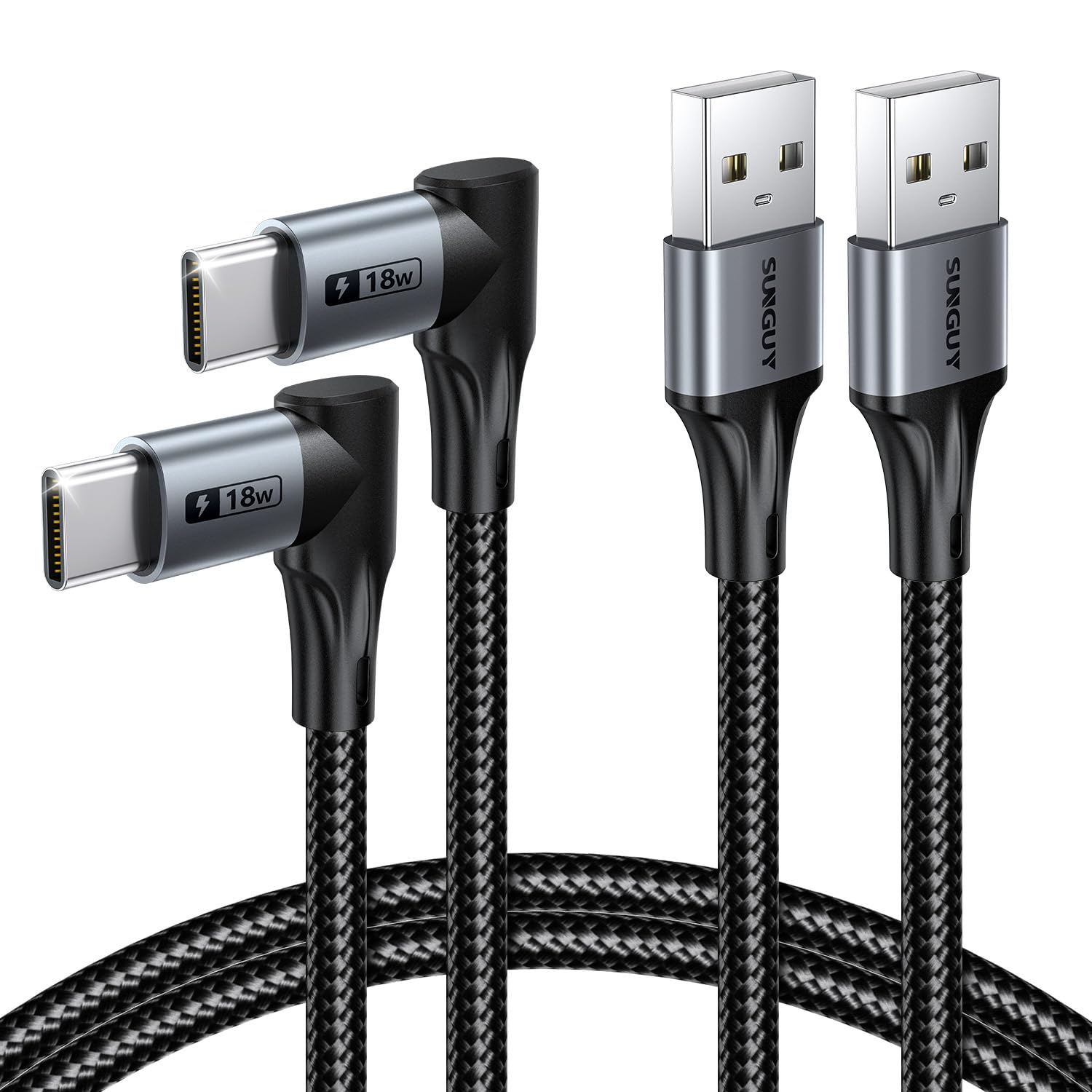 SUNGUY USB-C Kabel 90 Grad (USB-A auf USB-C) – Schnellladen mit 18 W, Daten bis 480 Mbit/s, 1 m (2er-Set)