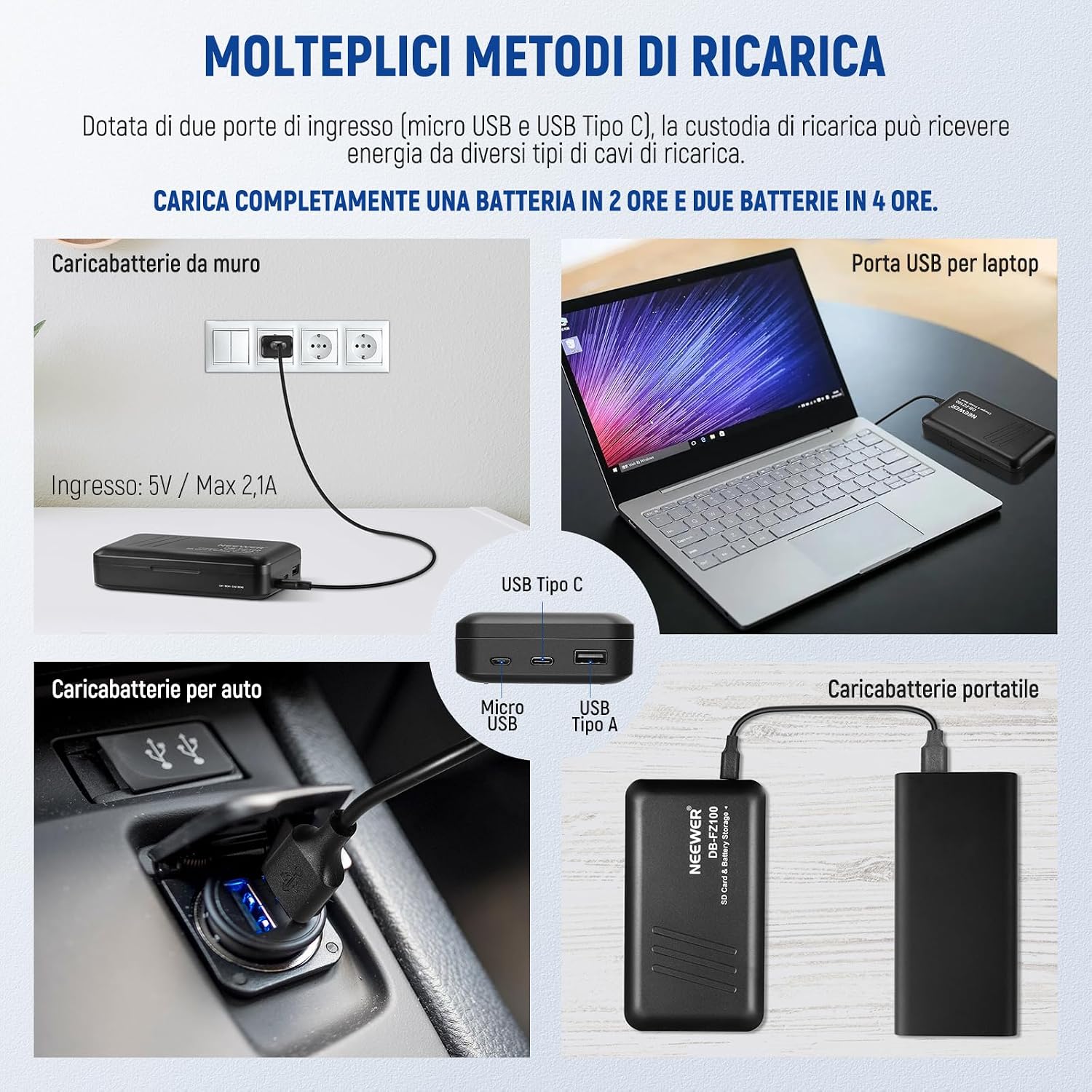 Detalle 2 de NEEWER Set batterie di ricambio NP-FZ100 (2x 2280mAh) con caricatore USB doppio canale per Sony A7/A9/ZV