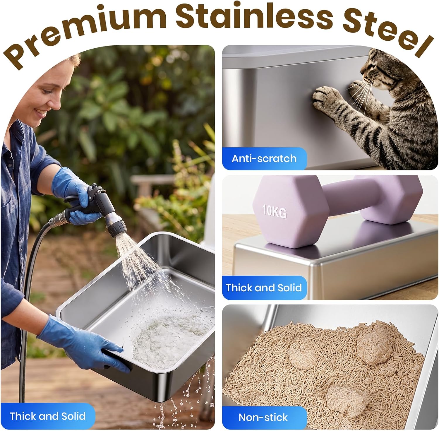 Detalle de PKBD XL Stainless Steel Cat Litter Tray: Large, Fully Enclosed 3-in-1 Litter Box