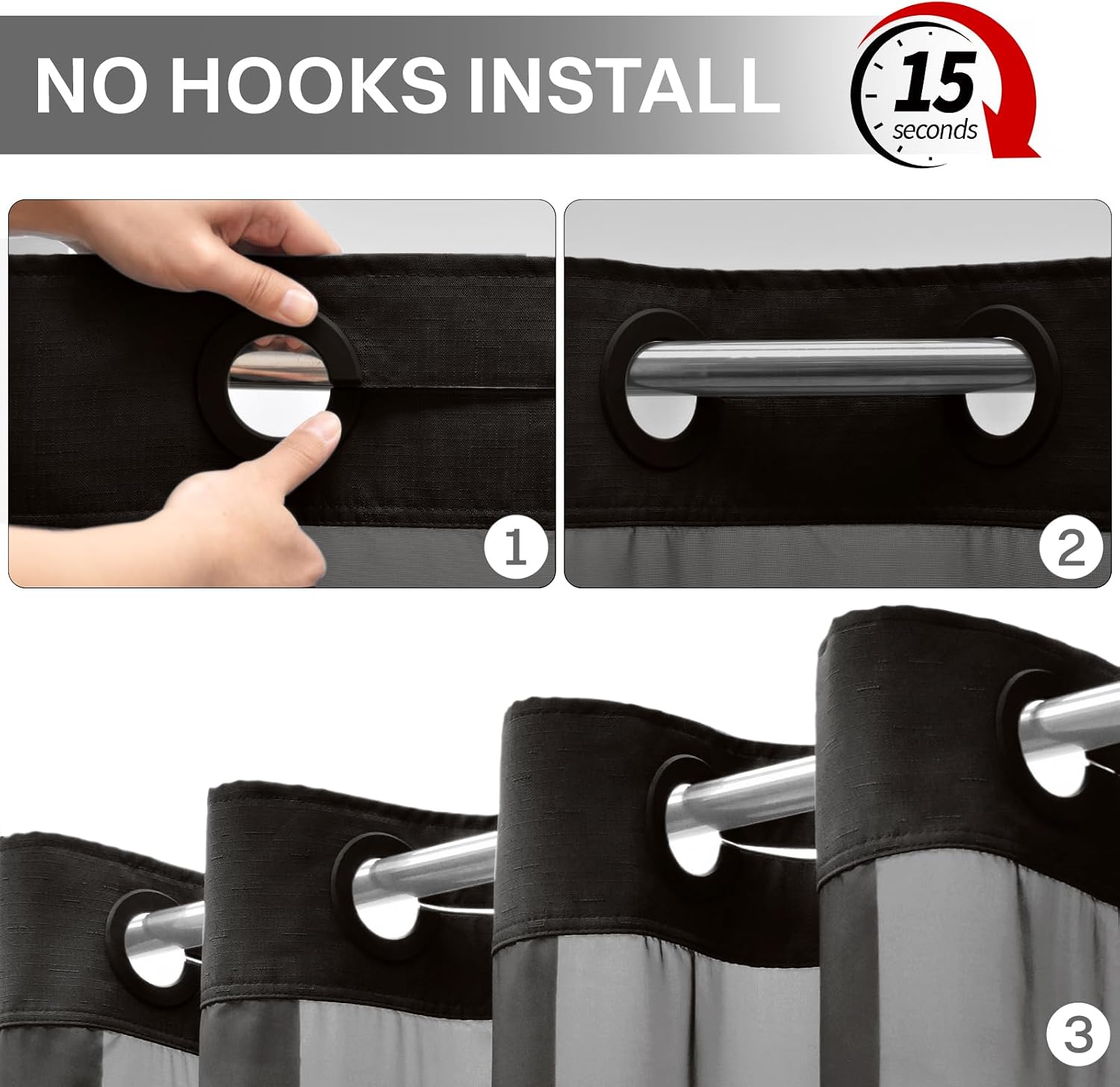 Thumbnail 4 de Aovfy No Hook Slub Shower Curtain, Black, 71 x 74, with Removable Liner