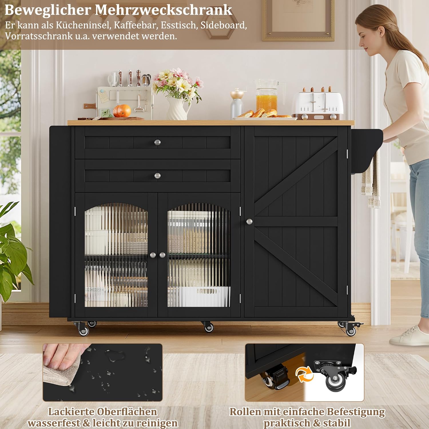Thumbnail 6 de FirFurd M218 Kitchen Island with Folding Worktop, Wheels, 2 Drawers and 3 Doors
