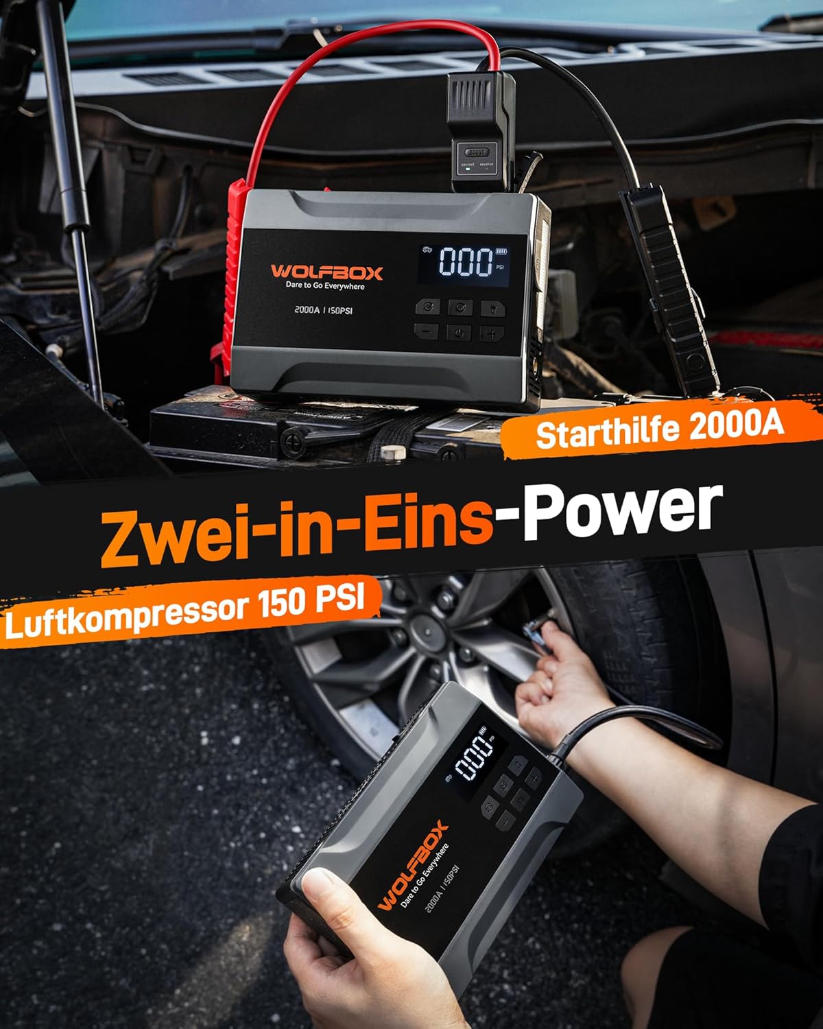 Thumbnail 1 de WOLFBOX 2000A Starthilfe Powerbank mit Luftkompressor (150 PSI) und LED-Notlicht, 10.000 mAh