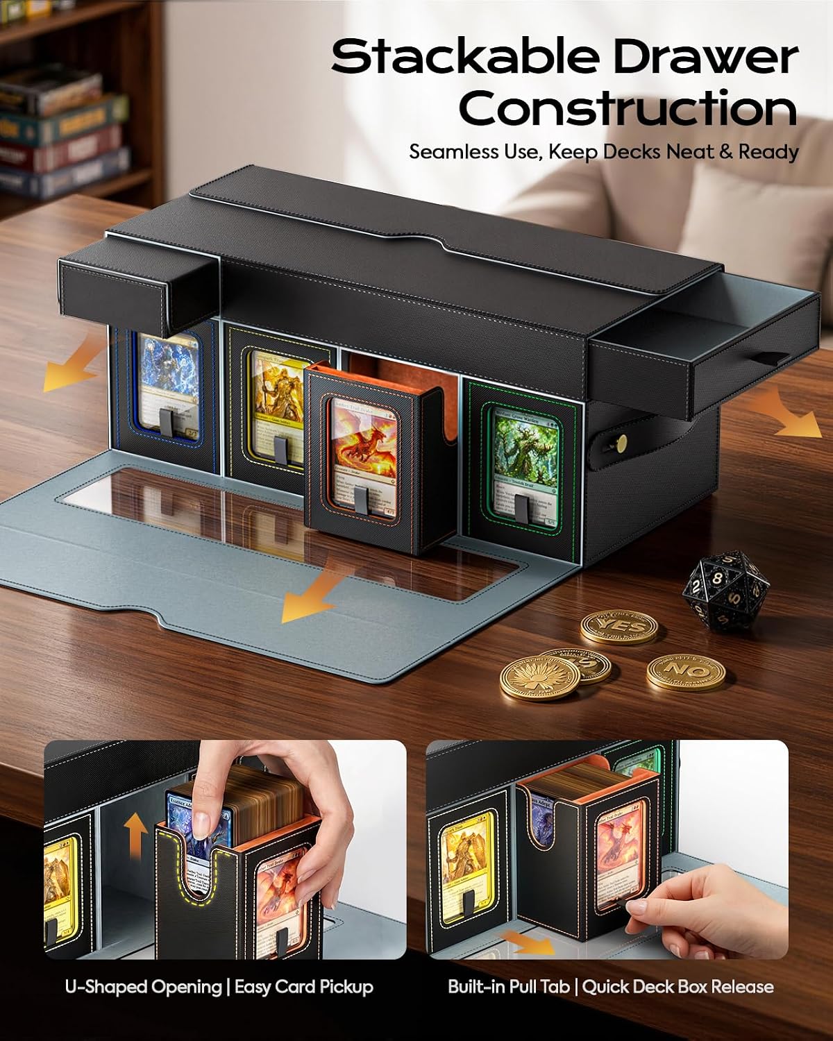 Detalle de MoKo Commander Deck Box for MTG: 8-Deck Modular Card Case with Playmat Storage & Dice Tray