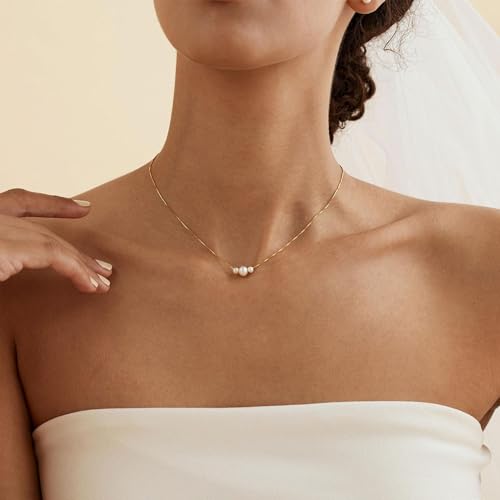 Detalle 2 de Fezodo Perlenkette Damen – 18K vergoldete Süßwasserperlen, Choker 40 cm + 5 cm Verlängerung