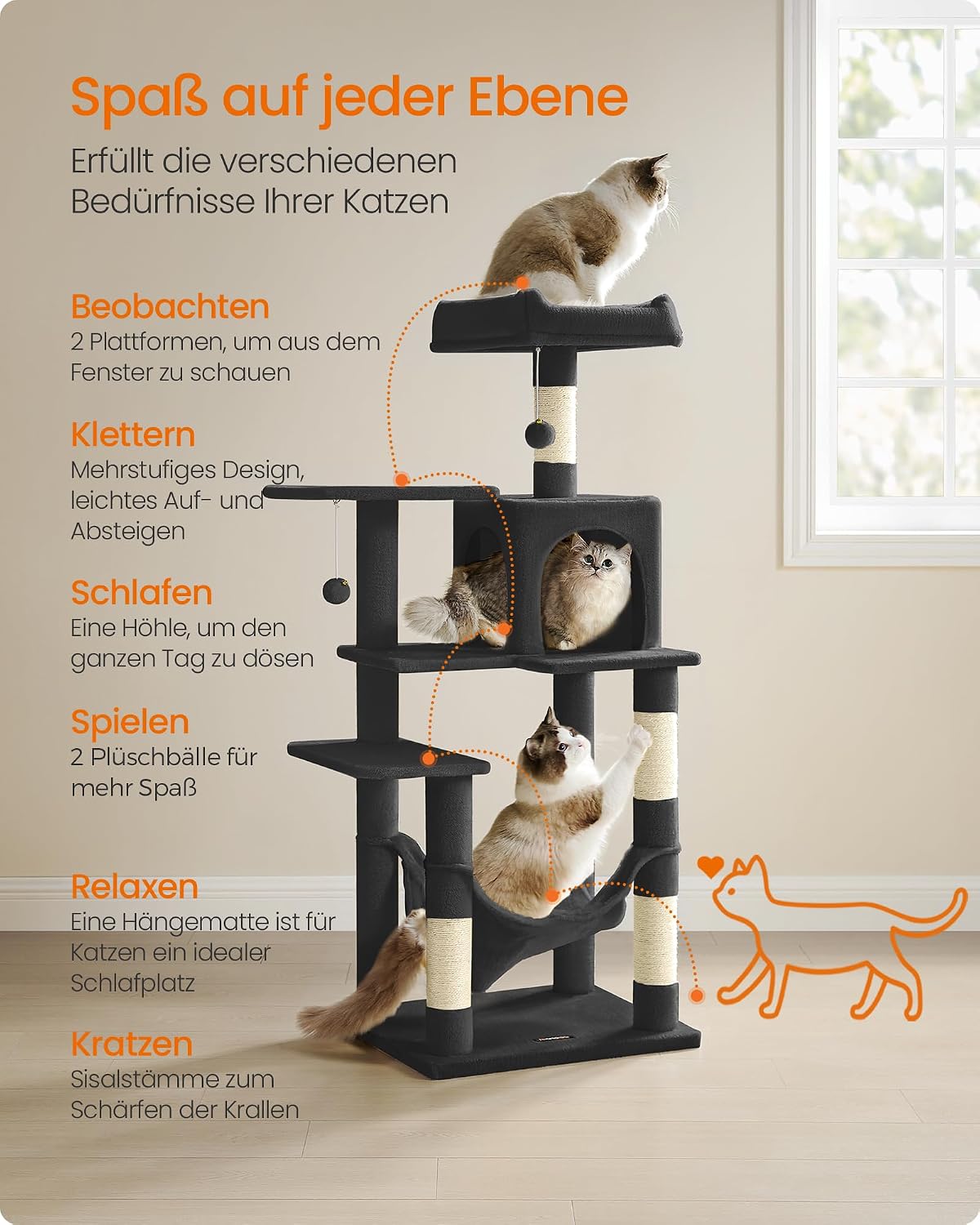 Detalle de Feandrea Kratzbaum, 143 cm hoch – vielseitiges Katzenhaus mit zwei Plattformen, Höhle und Hängematte