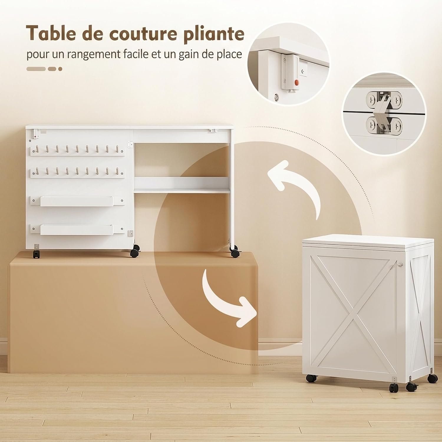Detalle 2 de HOMCOM L10-005V80WT opvouwbare naaitafel met wielen, opbergruimte en wit blad