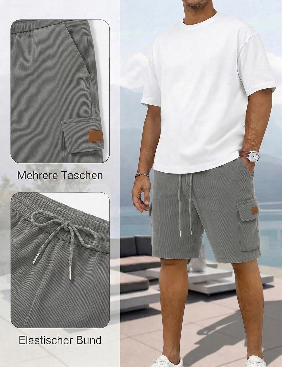 Detalle de iClosam Kurze Hosen Herren Corduroy Cargo Shorts – Bequem, Abriebfest, Elastischer Bund