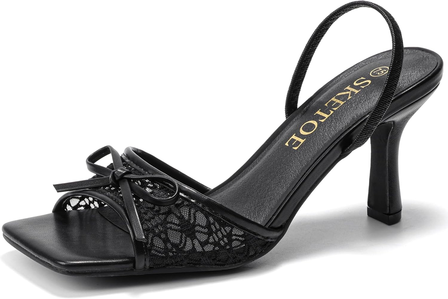 Detalle de SKETOE Bow Kitten Heels for Women: Square-Toe Mesh Sandals with Bow Accent