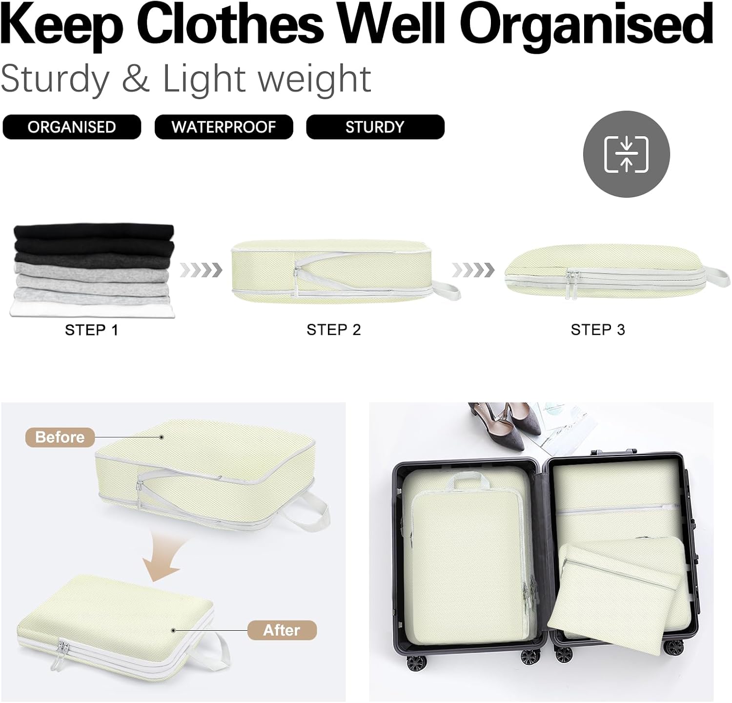 Detalle de Compression Packing Cubes (Beige) – 5 Pack waterproof suitcase & backpack organiser set