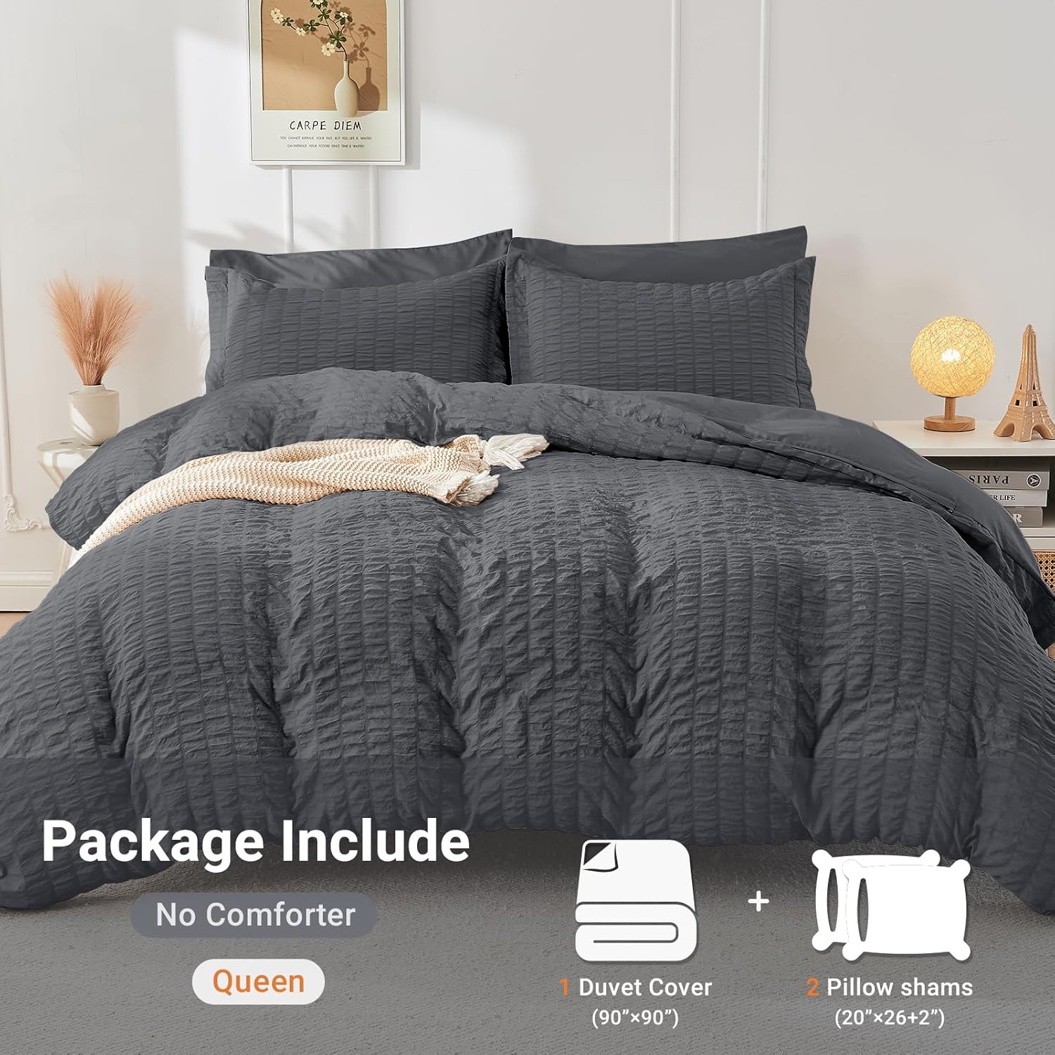 Thumbnail 5 de HYMOKEGE Dark Grey Queen Duvet Cover Set (3-Piece) — Brushed Microfiber Seersucker with Zipper Closure