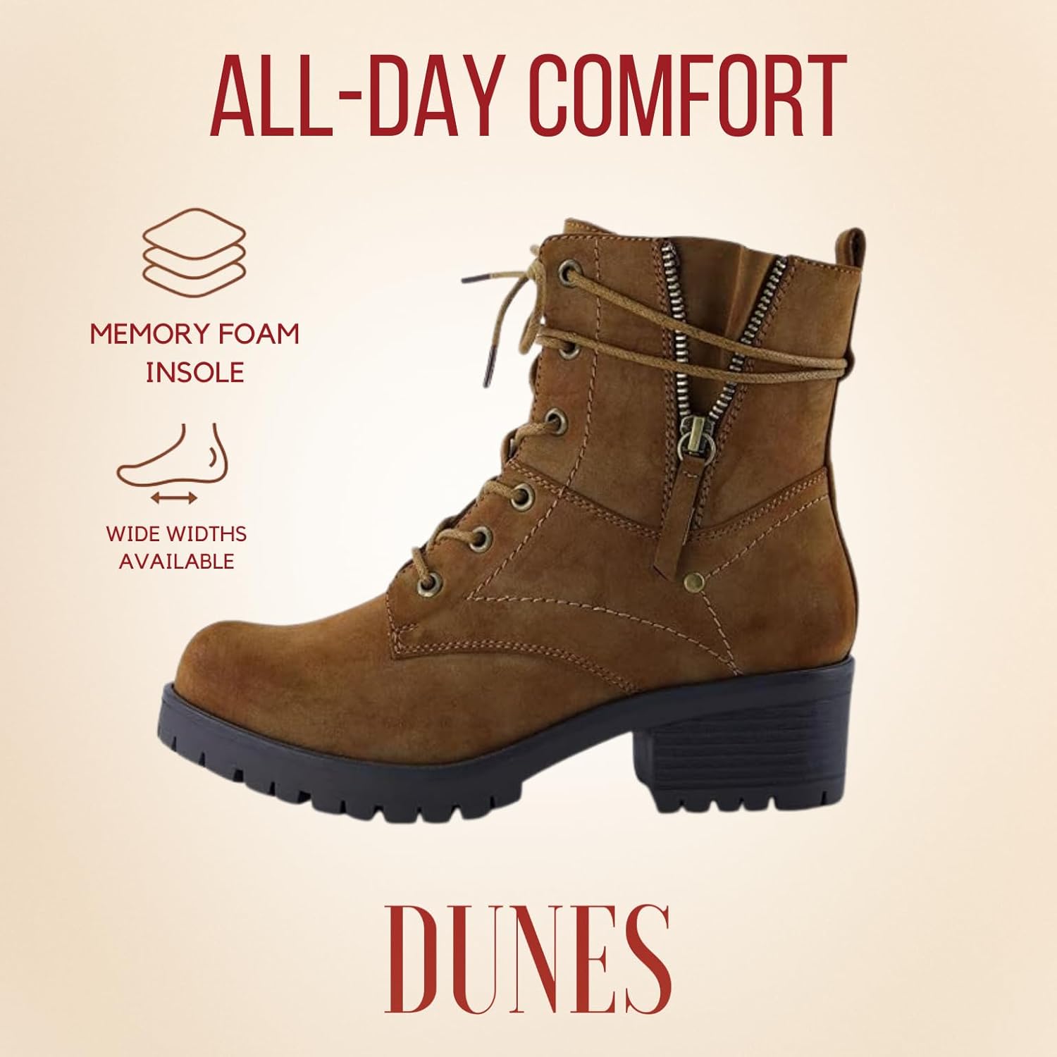 Detalle de Dunes Women’s Kobe Heeled Combat Boots with Side Zipper, Memory Foam Insoles, Faux Fur Lining (Wide Widths Available)