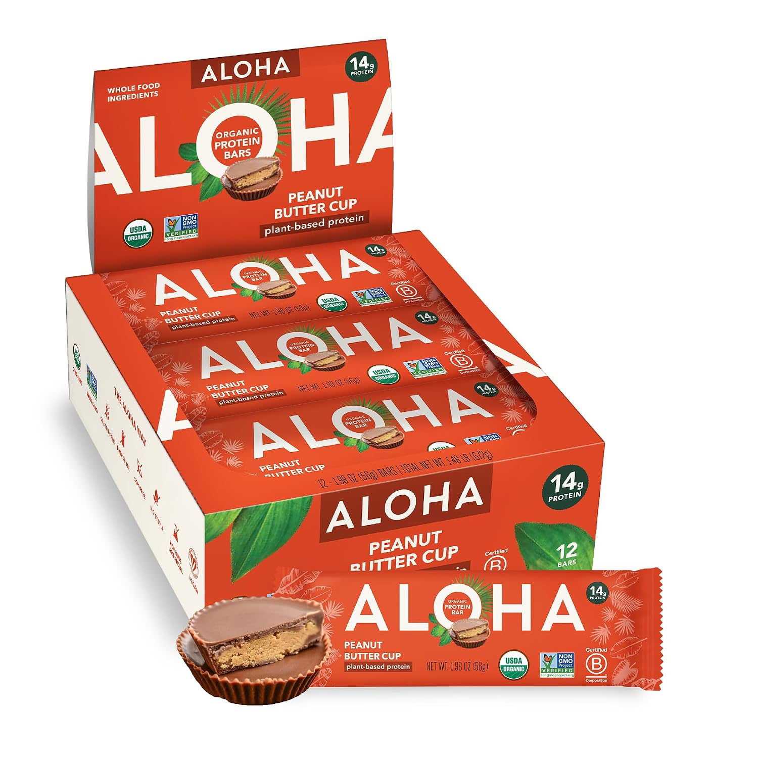 ALOHA Organic Plant Based Protein Bars - Peanut Butter Cup (12 Bars)