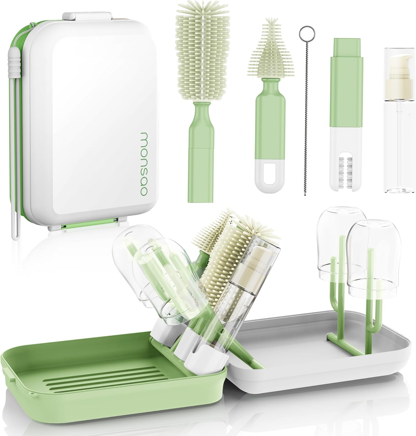 Detalle de MONSAO Bb-2023 Baby Bottle Brush Set with Silicone Brushes, Drying Rack and Travel Case