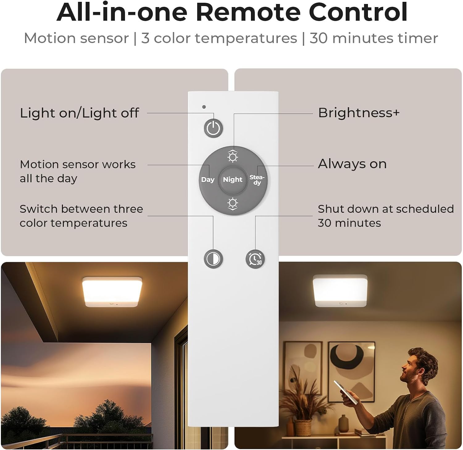 Thumbnail 4 de FULEN LED Ceiling Light with Motion Sensor — Cordless, Battery-Operated Ceiling Lamp