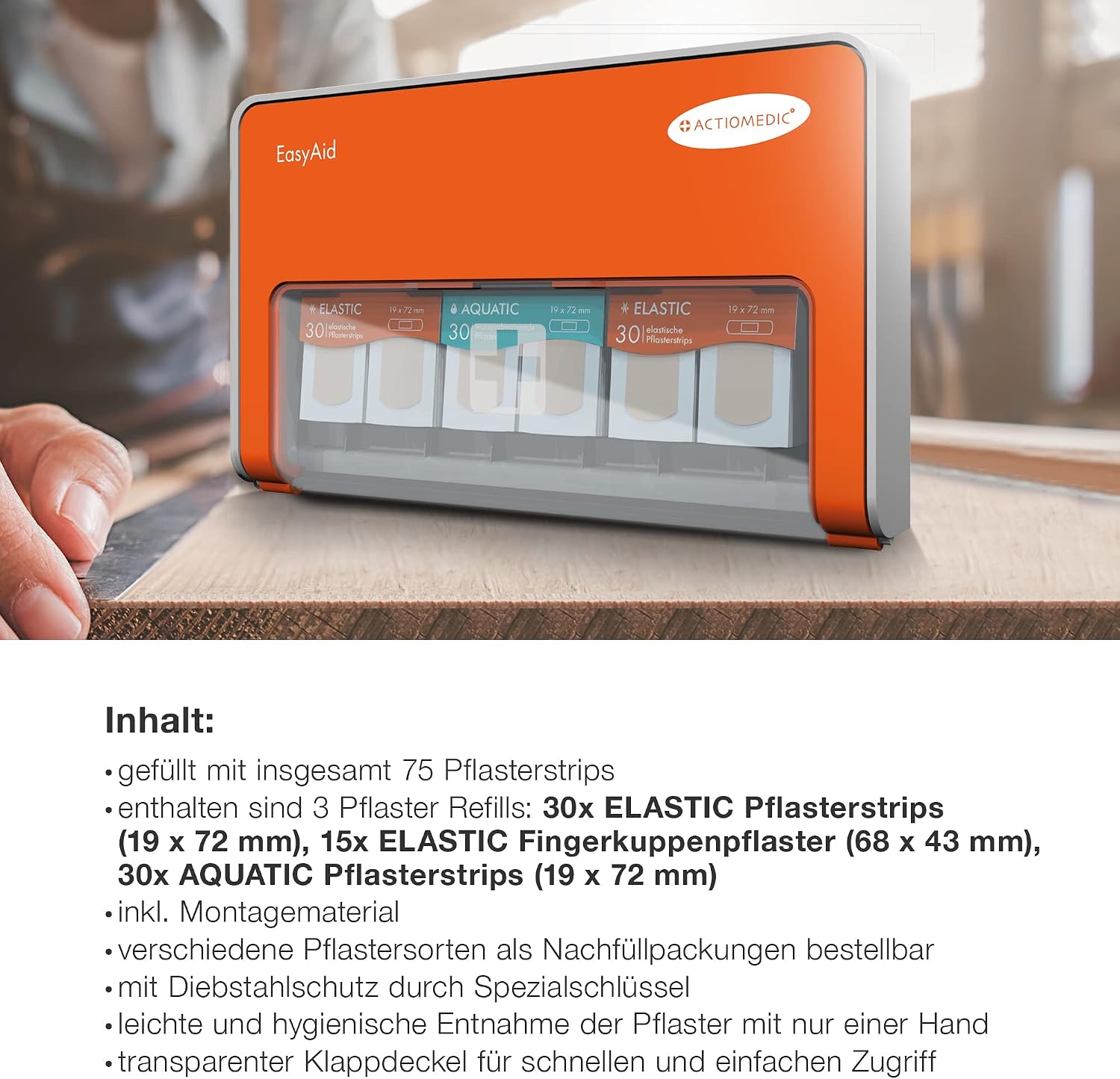 Detalle 2 de ACTIOMEDIC EasyAid Standard – dozownik plastrów, 75 szt., Kanban, pomarańczowy