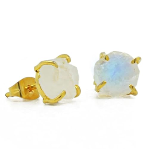 Detalle de Gempires Natural Raw Gemstone Stud Earrings – Rainbow Moonstone (Gold Plated) by GEMPIRES NATURE’S TREASURE