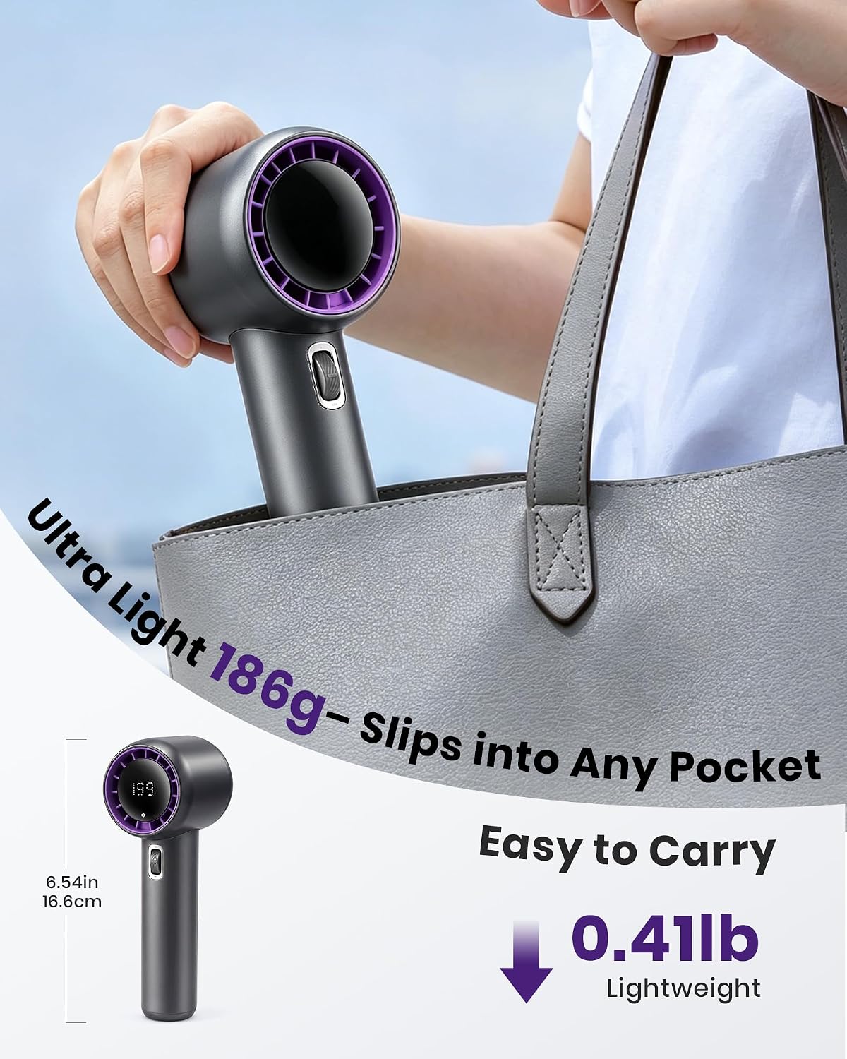 Detalle de Portable Handheld Fan 5000mAh (GF02 Grey) — Compact Turbo Personal Fan with 199 Speeds and LED Display