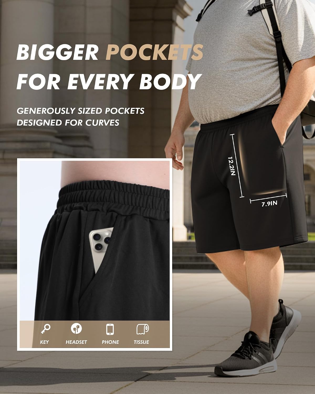 Detalle de BOOJO 3 Pack Big & Tall Men's Gym Shorts – 3XL–5XL, Black with Pockets