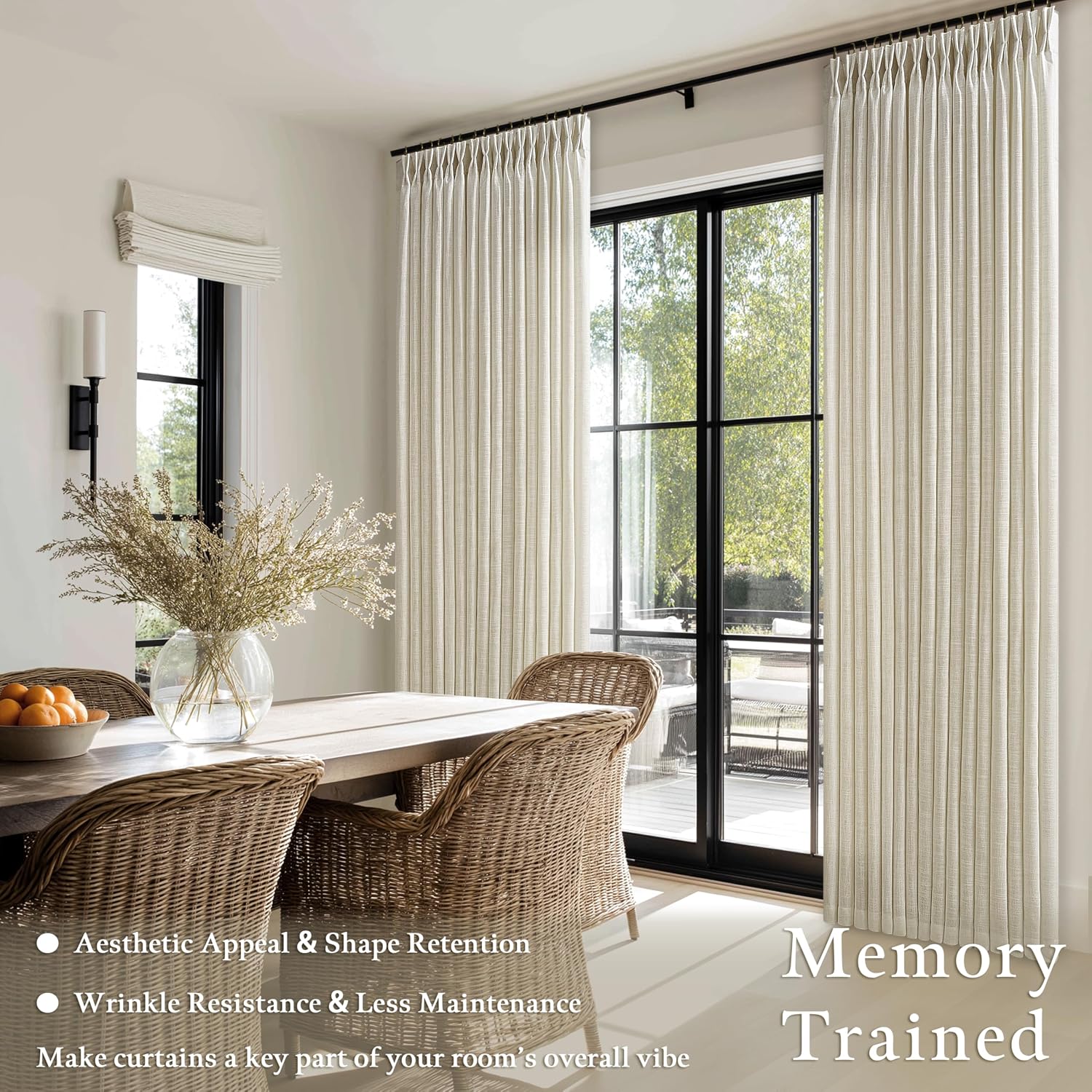 Detalle 2 de TWODRAPES 96-Inch Beige Pinch Pleat Curtains, Linen Blend, Light Filtering