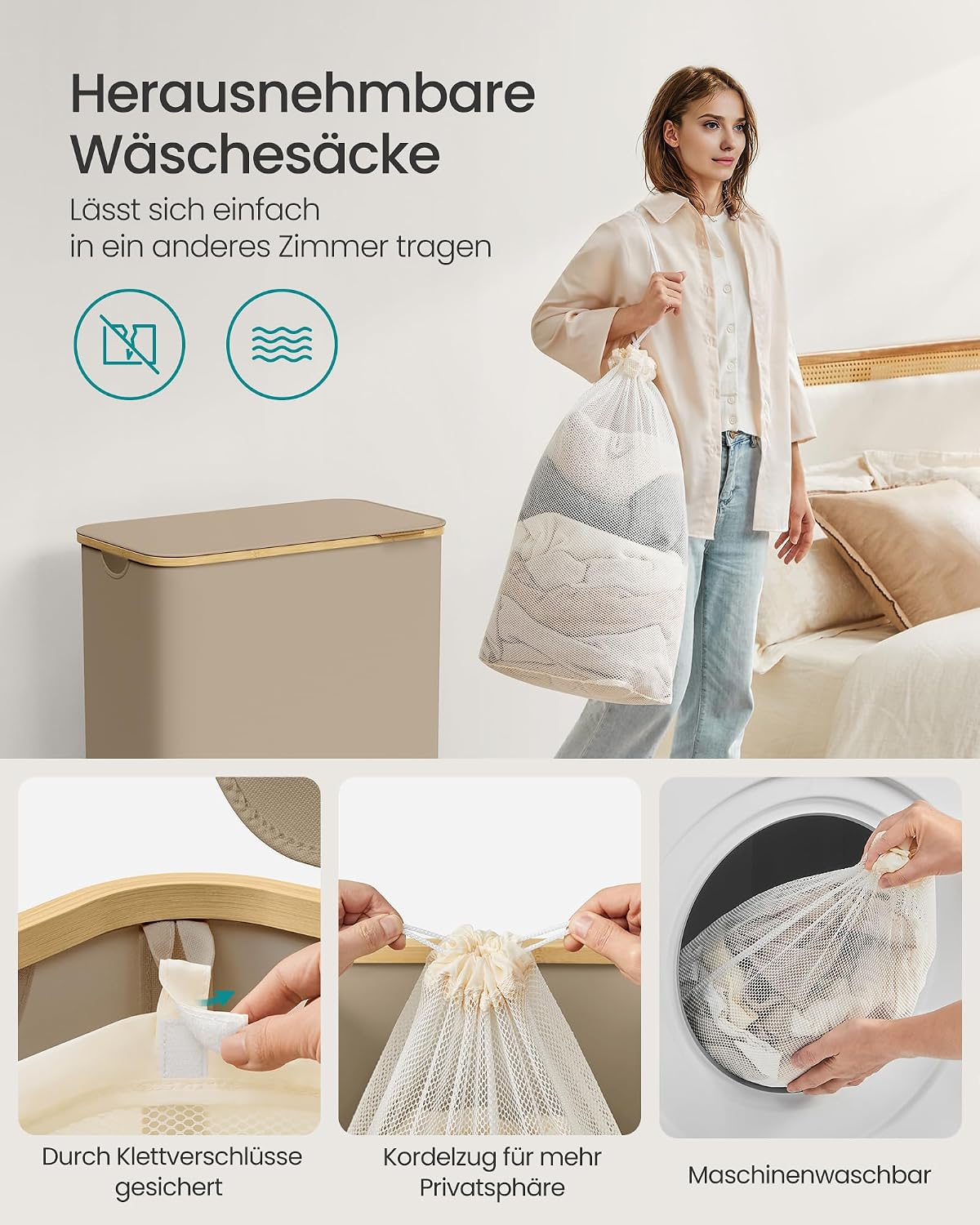 Detalle de SONGMICS Wäschekorb mit Deckel – 3 Fächer, 150 L, zusammenklappbar, Kamelfarben, 60 x 38,5 x 70,5 cm