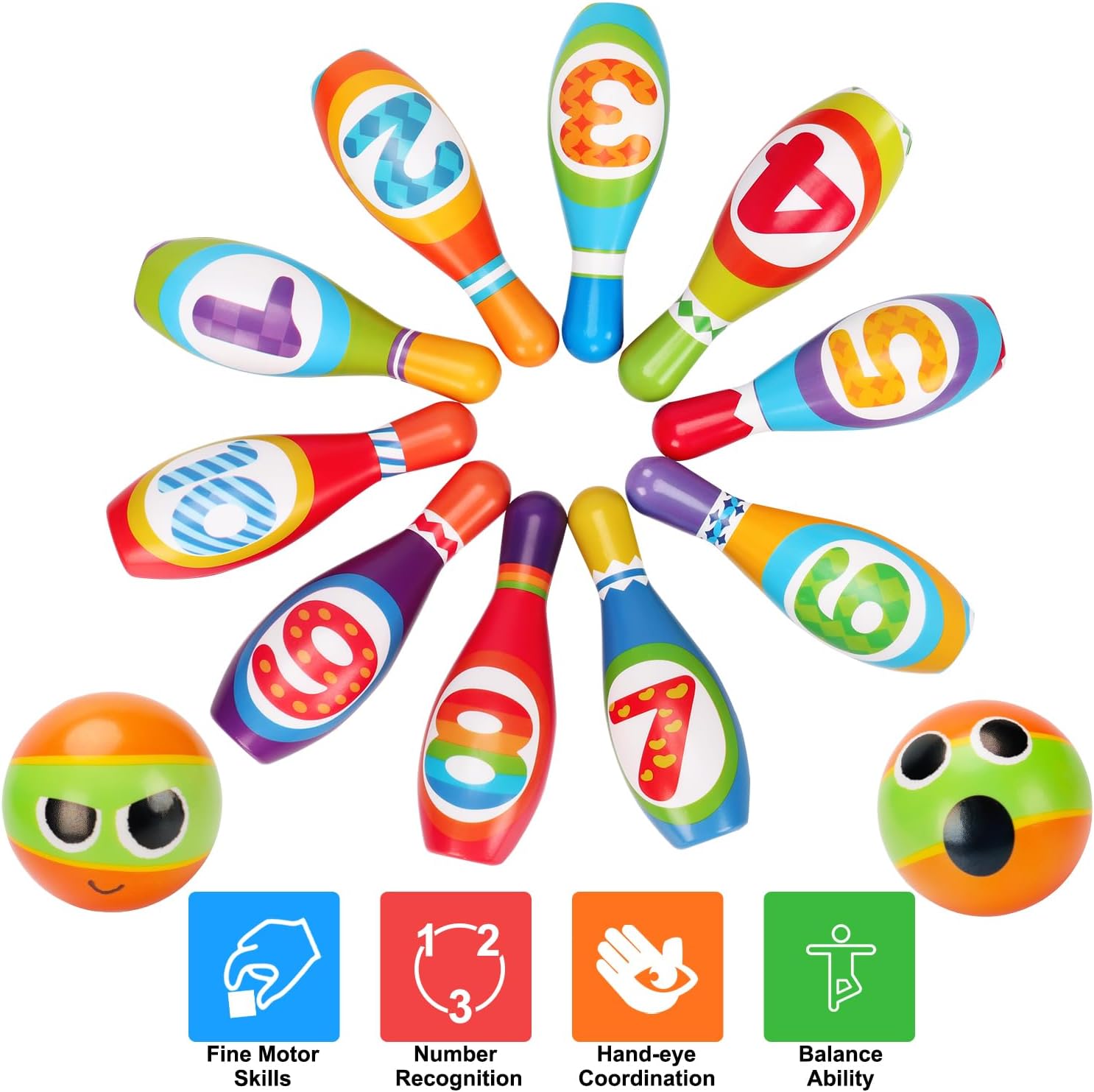 Detalle de Kids Bowling Toy Set 2-5: Soft Foam Bowling Pins & Balls for Indoor & Outdoor Play