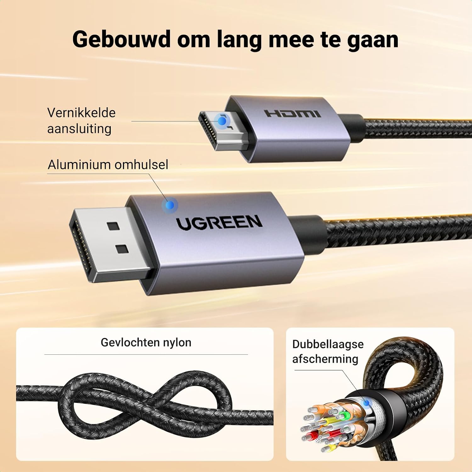 Detalle de UGREEN DisplayPort-naar-HDMI-kabel van 1 m, unidirectioneel en 4K bij 30 Hz