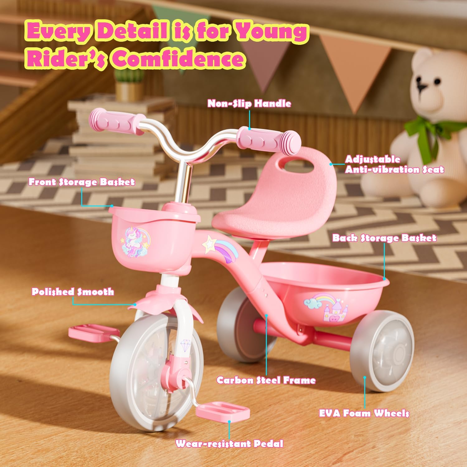 Thumbnail 6 de HappyGoLucky Unicorn Tricycle with Lighting Wheels, Adjustable Seat & Removable Pedals (2–5 Year Olds)