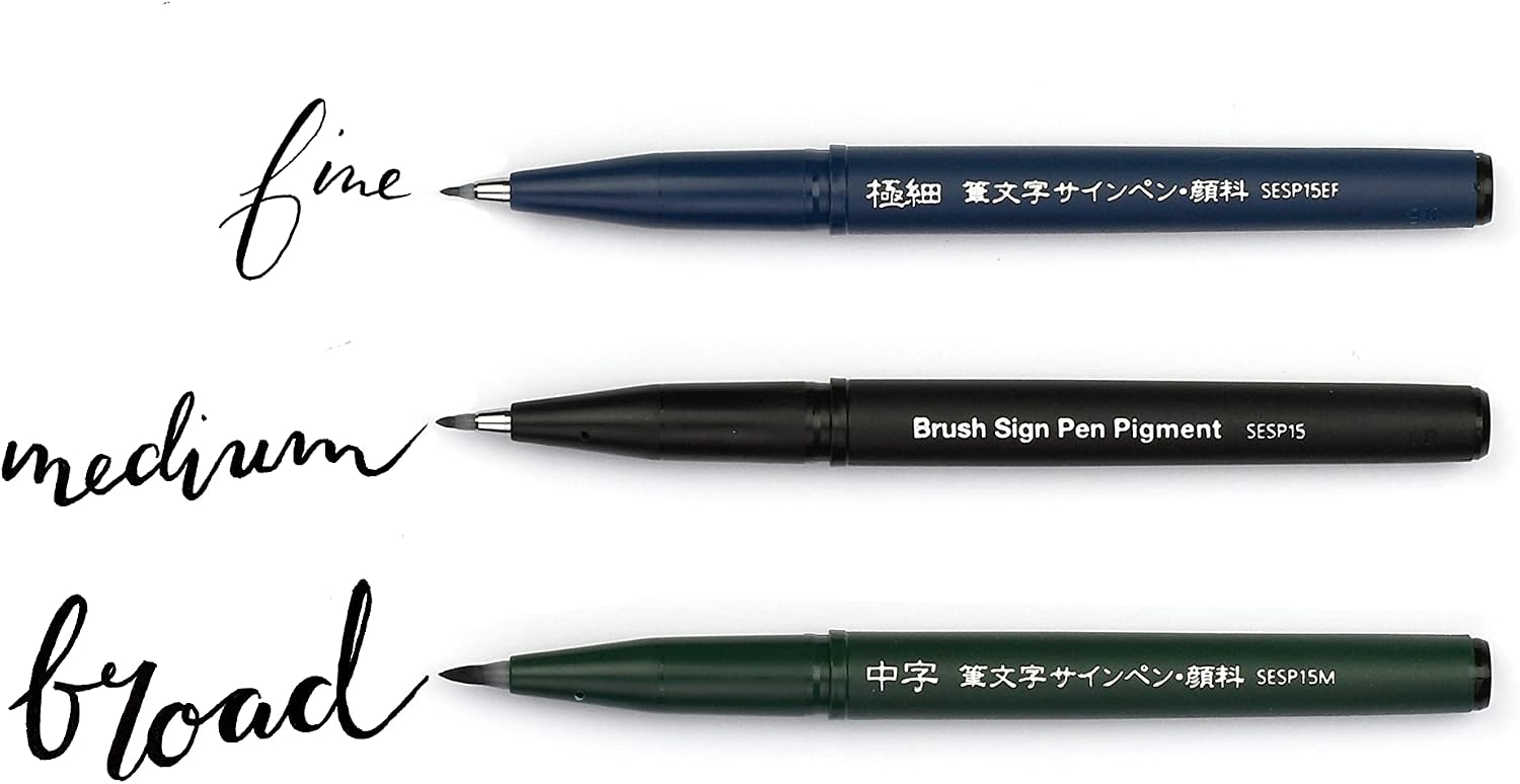 Detalle 2 de Pentel Brush Sign Pen Pigment Black Ink Edition (Set mit 3 Strichstärken) – Kalligrafiestift mit flexibler Pinselspitze