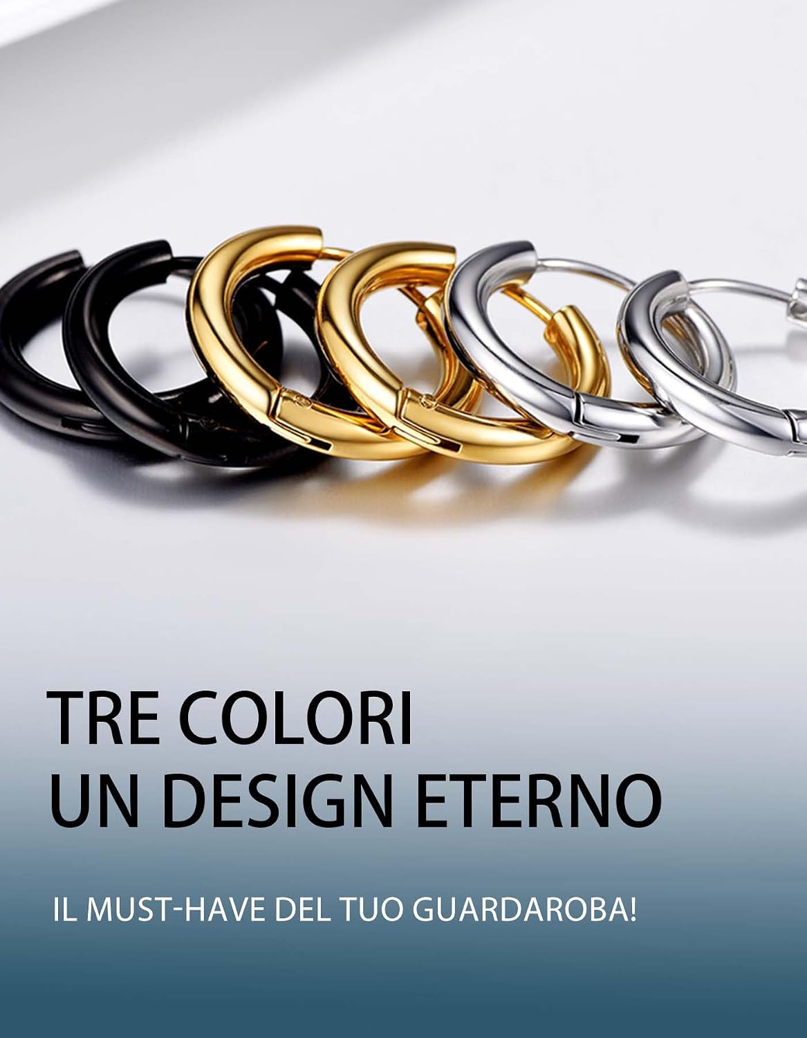 Detalle de Set di orecchini a cerchio PROSTEEL in acciaio 316L placcato oro e nero (3 o 4 pezzi)
