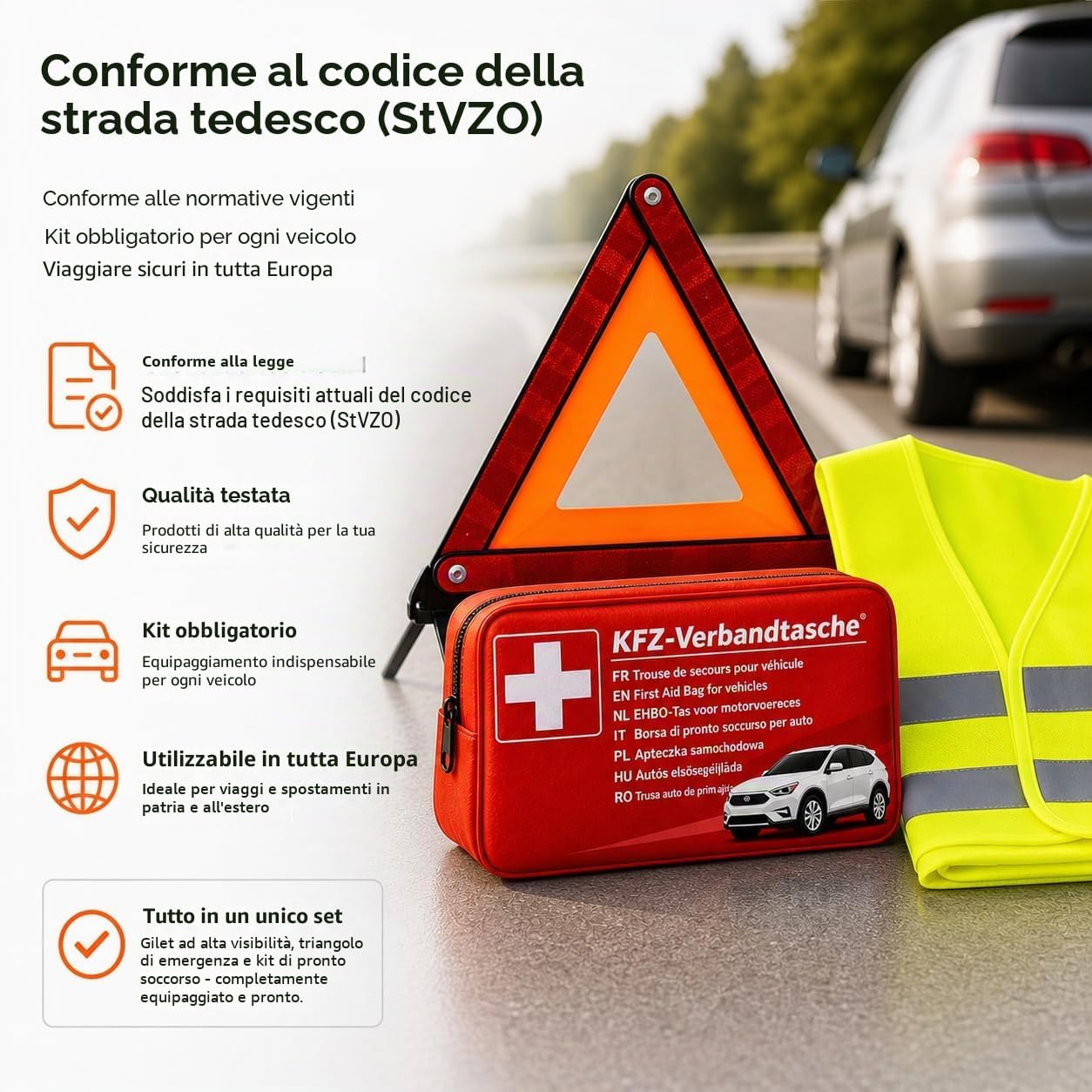 Thumbnail 5 de Kit di Emergenza Auto: kit completo con pronto soccorso, gilet alta visibilità e triangolo di segnalazione