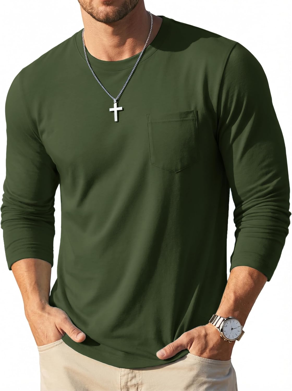 Detalle de MAGCOMSEN men’s long sleeve T-shirts with pocket, crew neck cotton casual tees