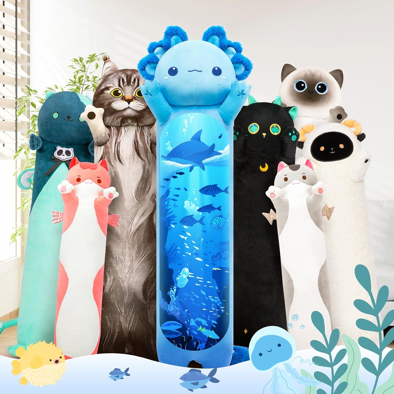 Detalle de Mewaii Long Body Plush Cute Blue Axolotl 20 Inch – soft cuddly long-body pillow doll for kids and adults