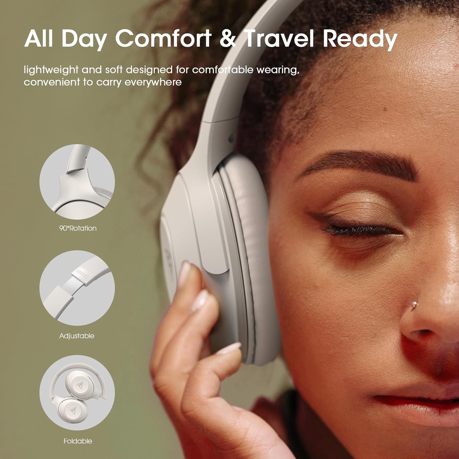 Detalle 2 de DOQAUS Life5 Bluetooth Headphones: Over‑Ear, 70h Playtime, 5.3 Tech, 3 EQ Modes