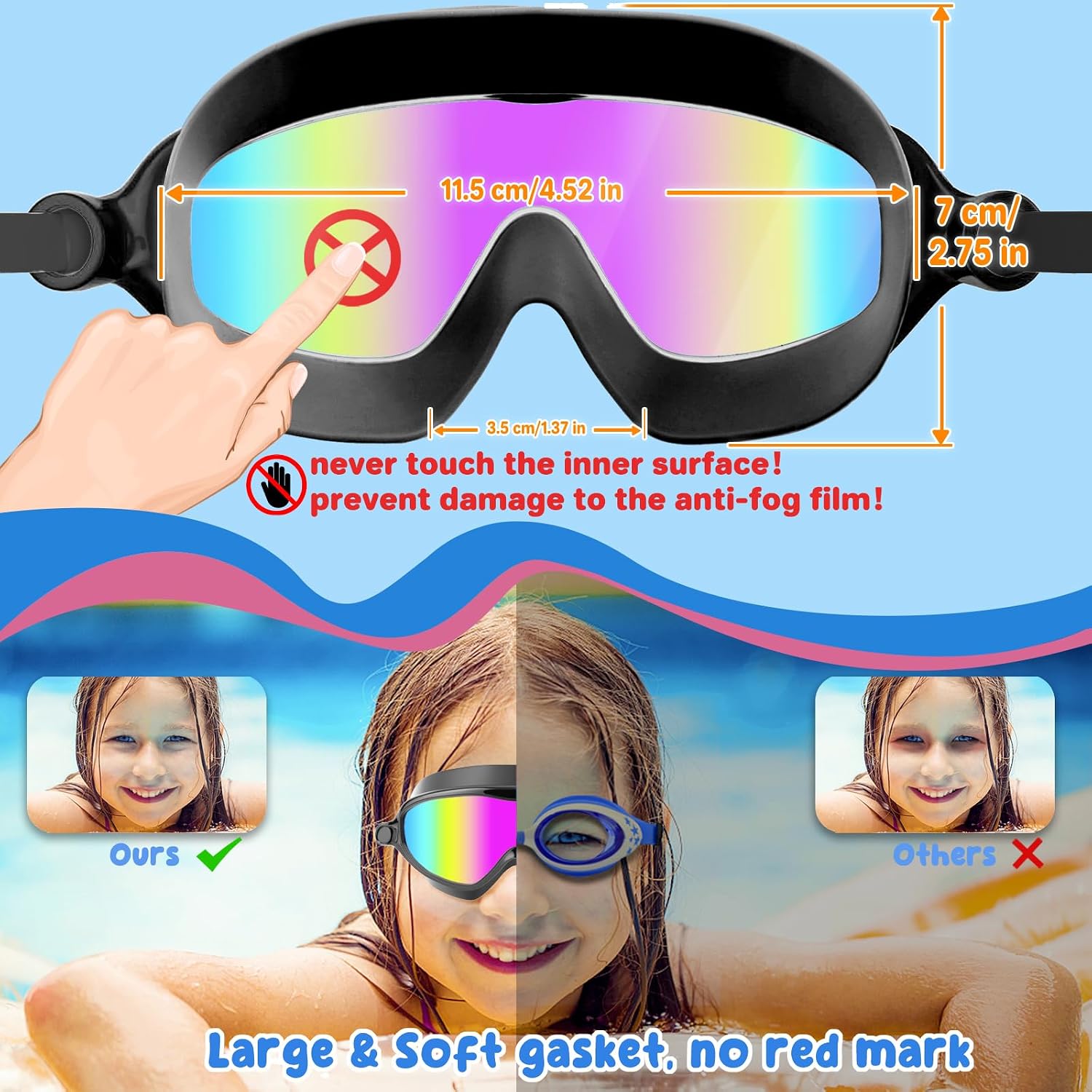 Detalle de COOLOO Kids Swimming Goggles (2 Pack) – Wide Vision, Anti-Fog, UV Protection for 4–14 Year Olds