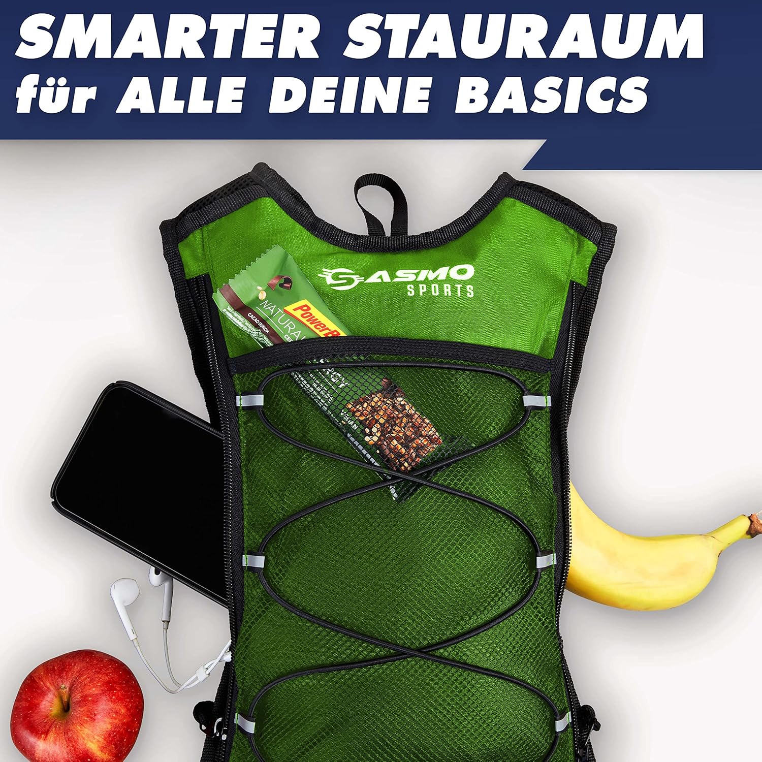 Detalle de SASMO® Trinkrucksack (Grün) mit Thermofach – ultraleichter Laufrucksack mit Trinkblase 2 l, Reflektoren & wasserdichtem Nylon