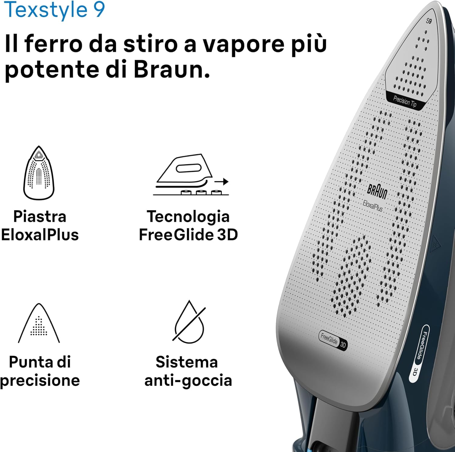 Detalle 2 de Braun TexStyle 9 SI9682DB: ferro da stiro a vapore con tecnologia 3D FreeGlide e iCare