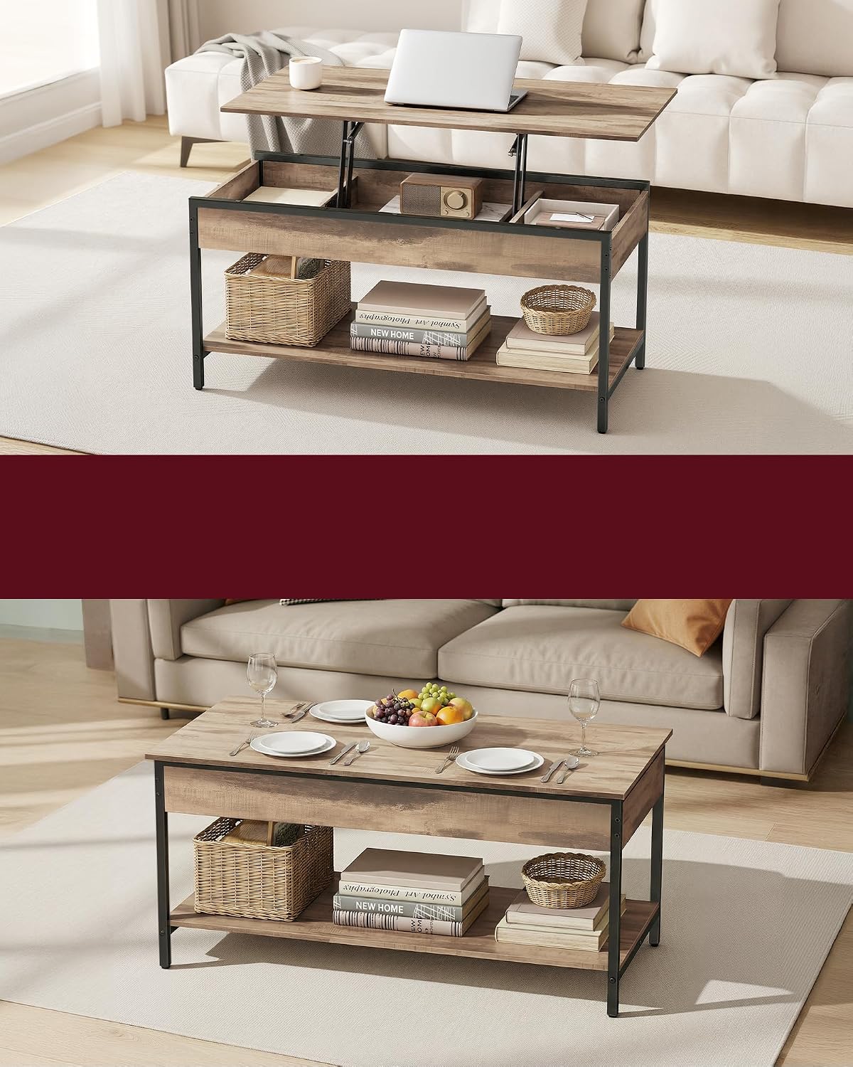 Detalle de VASAGLE LCT261LB02 Height-Adjustable Coffee Table, 50 x 100 cm, Hidden Storage