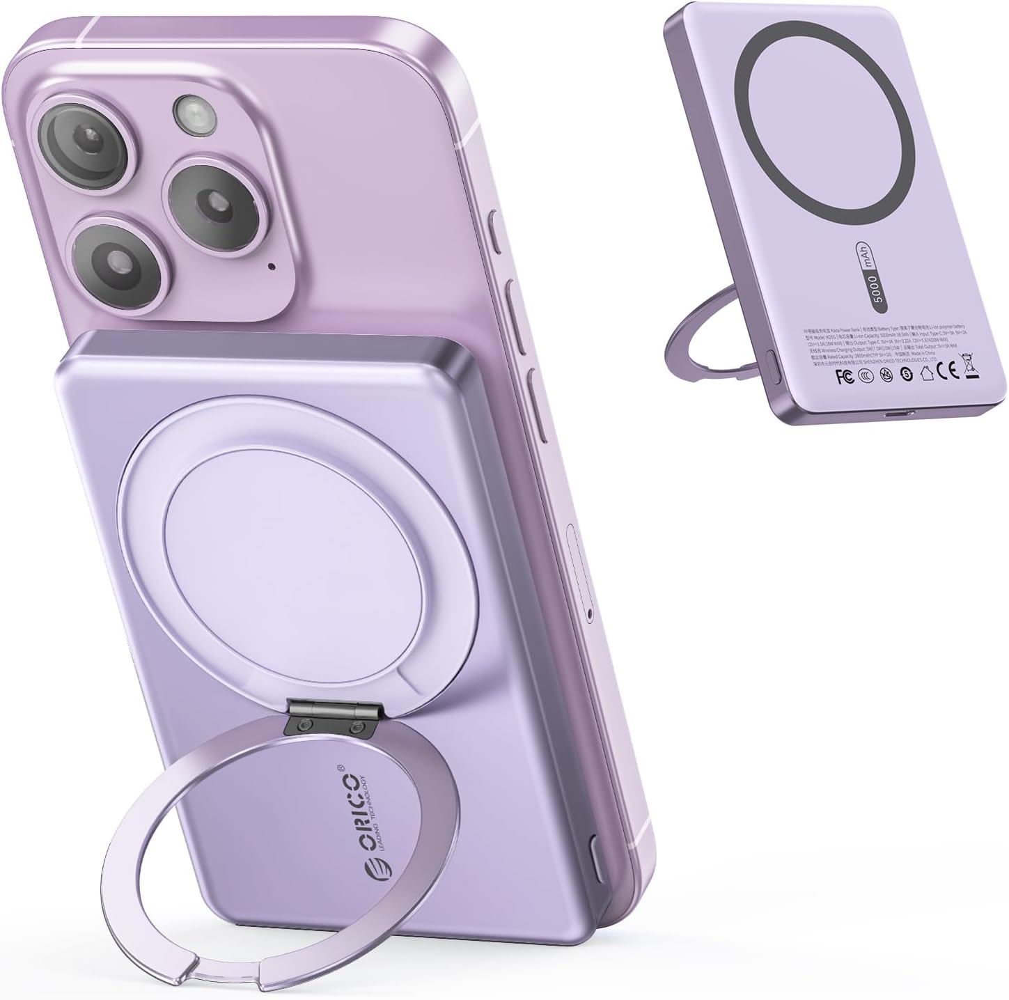 Detalle de ORICO Kada MagSafe Power Bank 5.000 mAh mit Standfunktion und 20W PD – ultra schlank (lila)