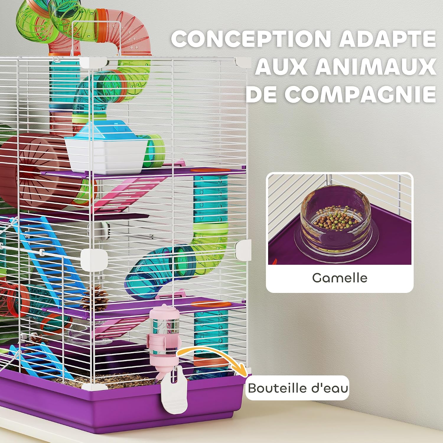 Detalle de PawHut – Cage pour hamster rongeur 4 étages avec tunnels, mangeoire, roue et échelles (46L x 30 x 58H cm)