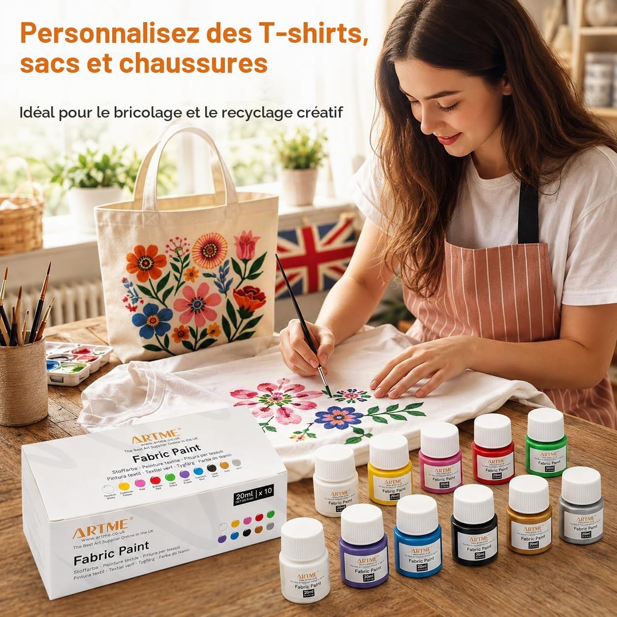 Detalle de ARTME textielverfset, 10 kleuren van 20 ml voor katoen en linnen