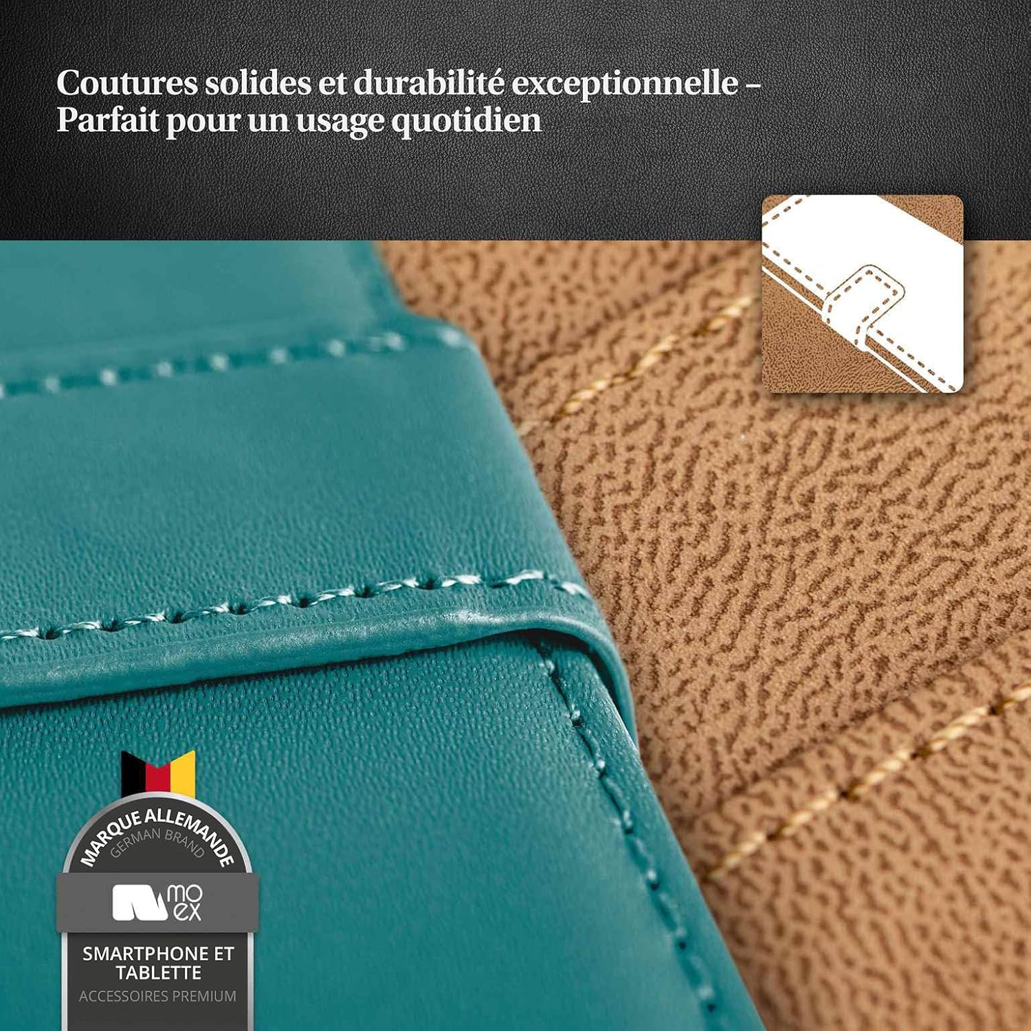 Detalle de moex Étui de protection à rabat pour iPhone 16 — portefeuille durable avec compartiment pour cartes, pliable à 360° et finition cuir synthétique bleu pétrole