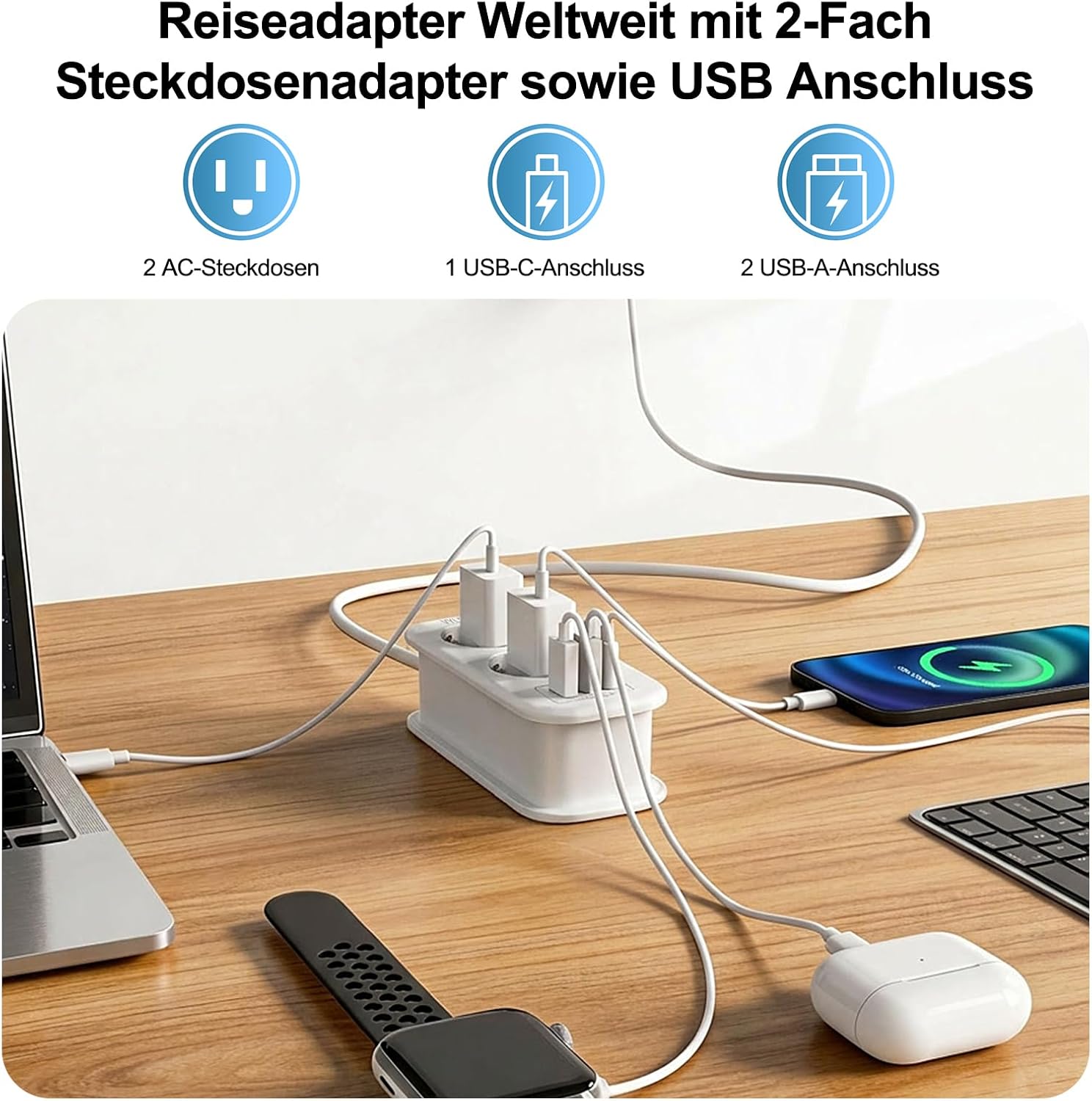 Detalle 2 de VYLEE Reiseadapter Weltweit – All-in-One Reisestecker mit 2‑fach Steckdose, 2 USB‑A & 1 USB‑C, 1,5 m Kabel