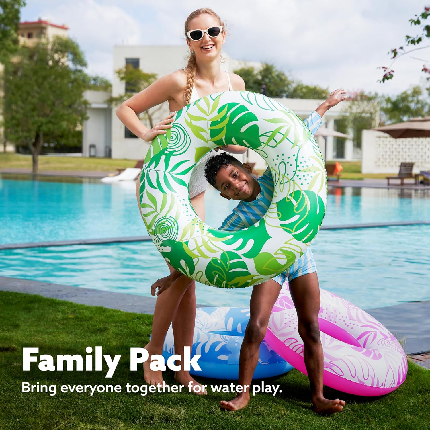 Detalle 2 de JOYIN Pool Inflatable Swimming Rings 82.5cm (3 Pack) – Tropical Leaf, Donut & Fruit-style float rings for kids and adults