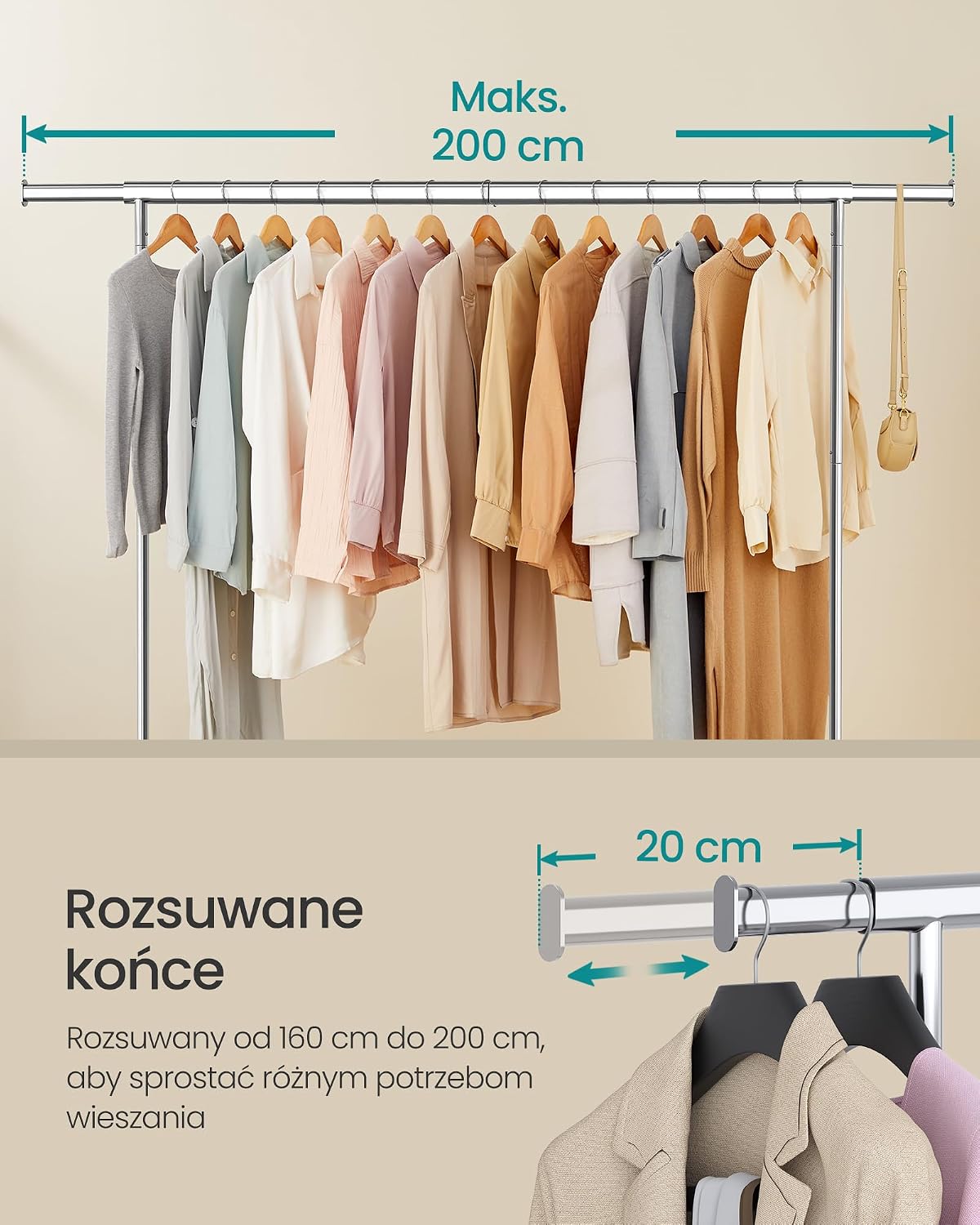 Detalle 2 de SONGMICS PATAYE HSR176E01 – wieszak na kółkach, regulowany drążek, do 110 kg