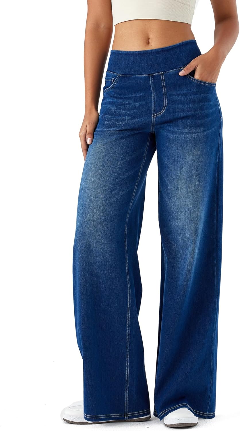 Detalle de LaiEr Large Denim Wide Leg Pants for Women — High Waist, Elastic Comfort, and Retro Marble Detail