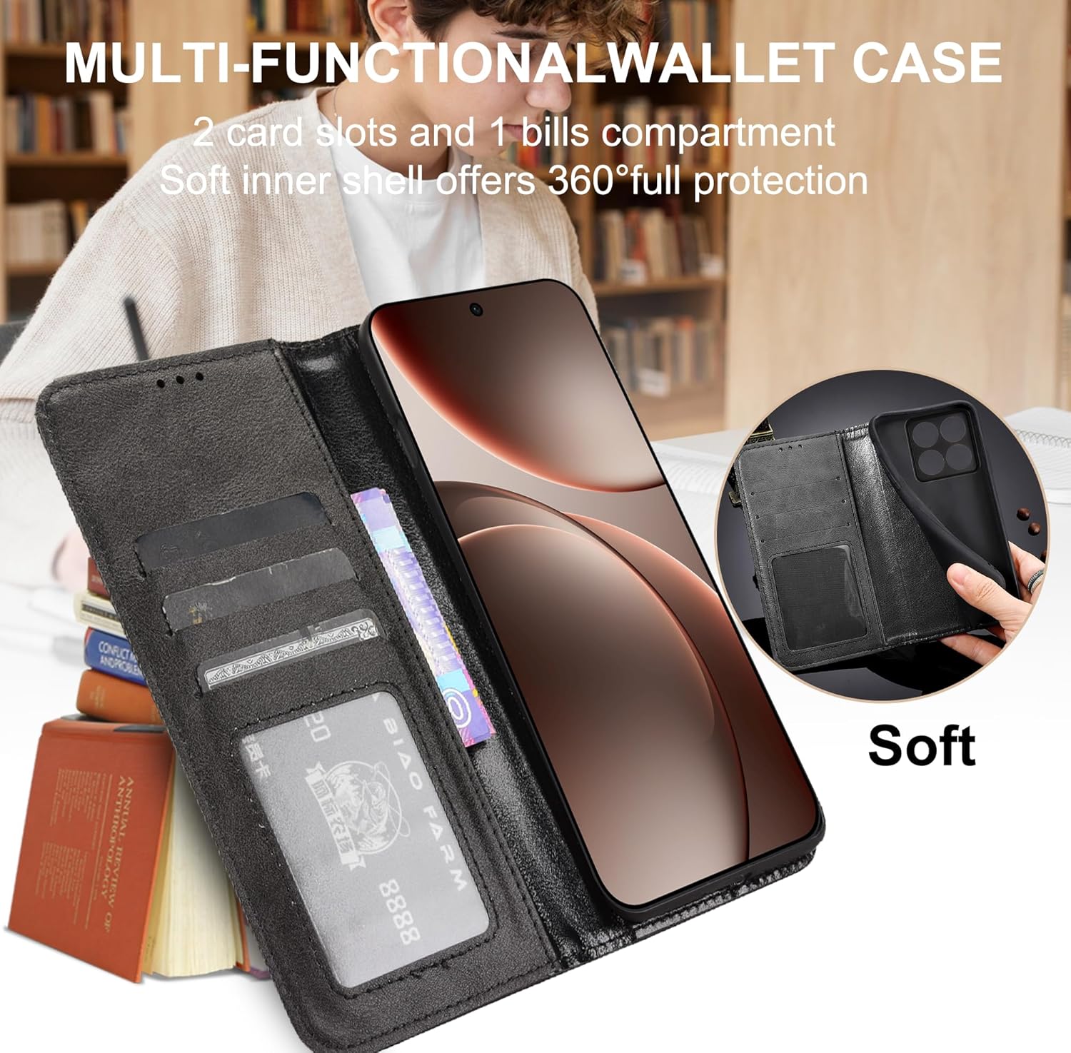 Detalle de Fitudoos Lederhülle für Oppo Find X9 – Brieftasche mit Magnetverschluss, Standfunktion und RFID-Schutz
