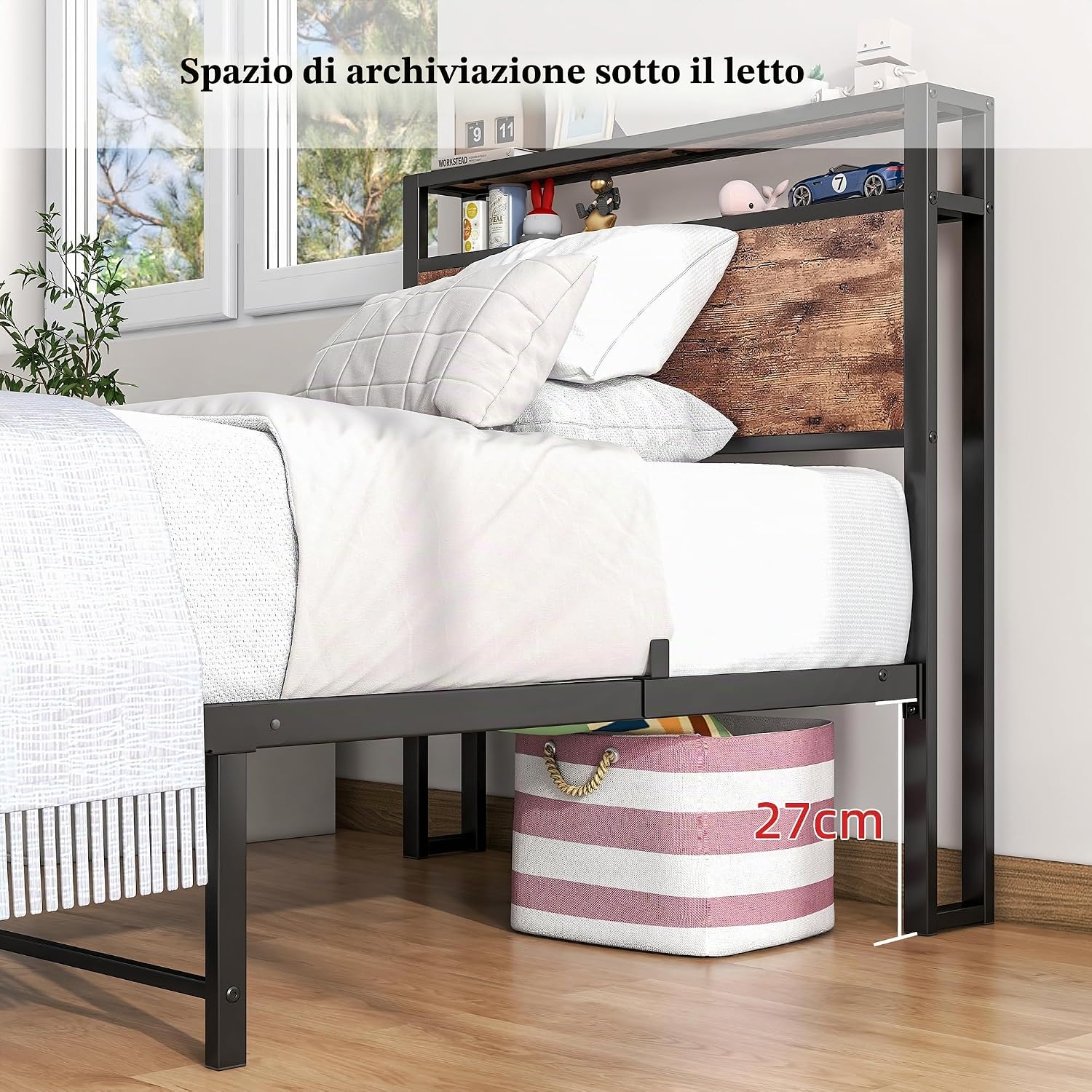 Detalle de HOJINLINERO Telaio letto 90 x 200 cm con rete a doghe e contenitore in legno